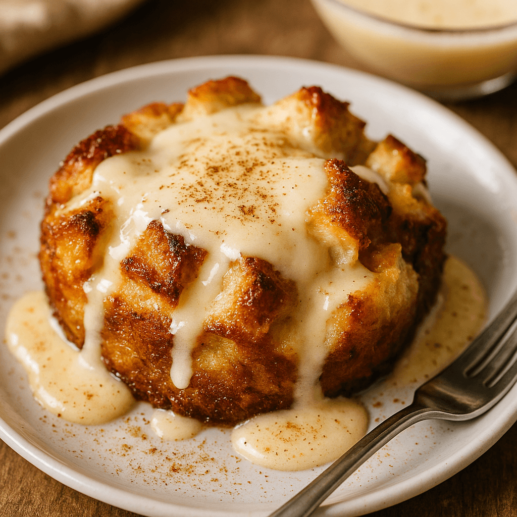 Air Fryer Bread Pudding with Eggnog Sauce