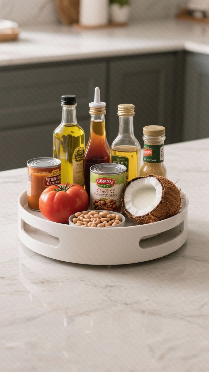 Cooking Staples (oils, vinegars, broths, canned tomatoes, beans, coconut milk on a Lazy Susan),