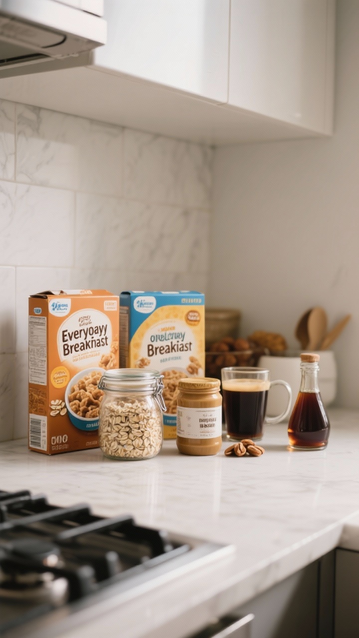 Everyday Breakfast (cereal boxes, oats in jars, nut butters, coffee/tea, syrup),