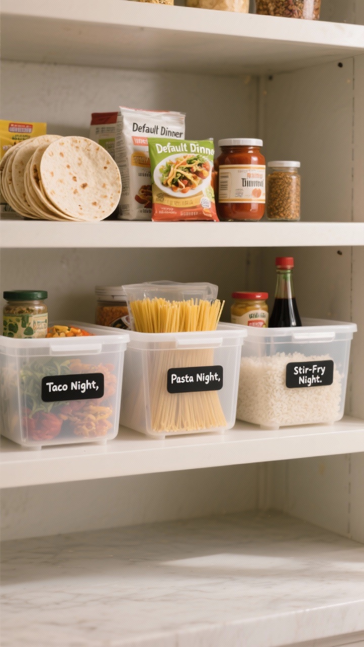 Medium, straight-on view of a pantry shelf dedicated to a “Default Dinner” zone: three labeled bins reading “Taco Night,” “Pasta Night,” and “Stir-Fry Night.” Include tortillas, taco spice packets, jarred pasta sauce, dry spaghetti, instant rice, soy sauce, and shelf-stable toppings tucked inside each bin. Use clear and white plastic bins with simple black labels, neutral shelves, soft natural kitchen light, and a calm, minimal aesthetic focused on easy grab-and-go organization.