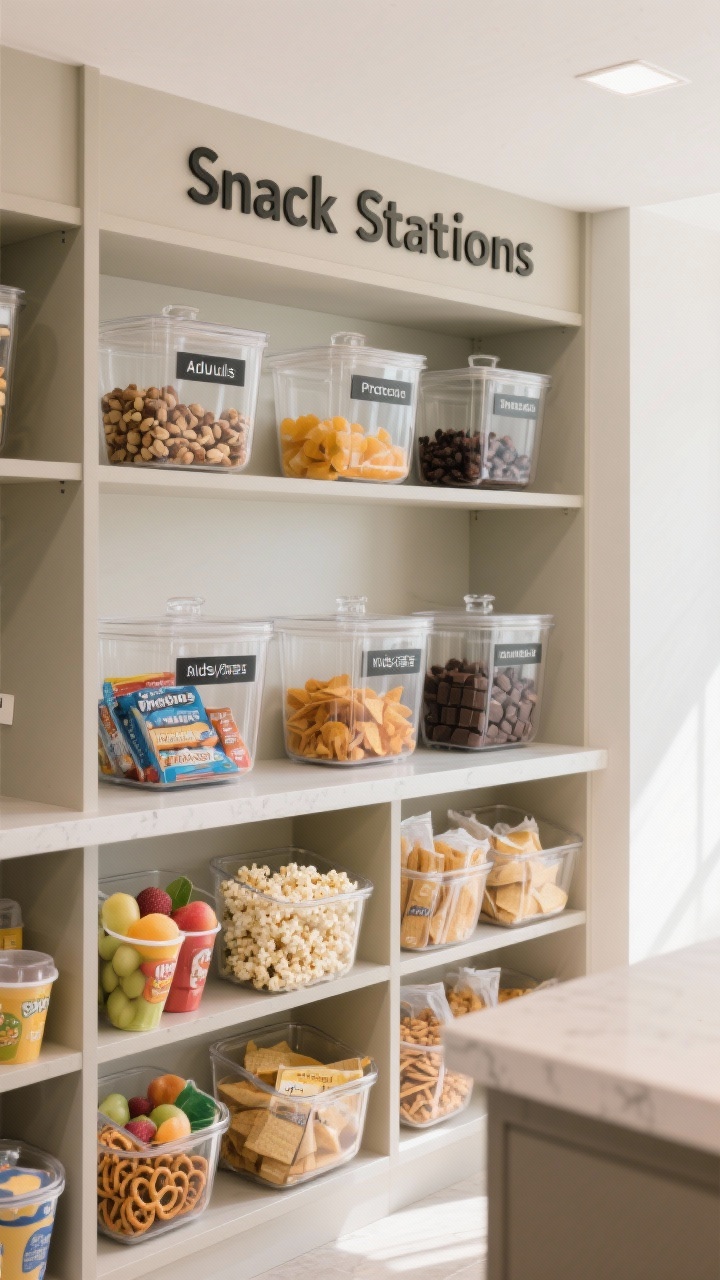 Wide shot of a pantry section with “Snack Stations”: eye-level clear bins labeled for adults holding nuts, protein bars, dried fruit, and dark chocolate; lower shelf bins for kids/guests with fruit cups, popcorn, pretzels in portioned grab-and-go bags. Add clear canisters for chips and crackers to show quantity. Neutral color scheme with crisp labels to prevent mix-ups, bright but soft daylight, and a clean countertop edge visible for context.