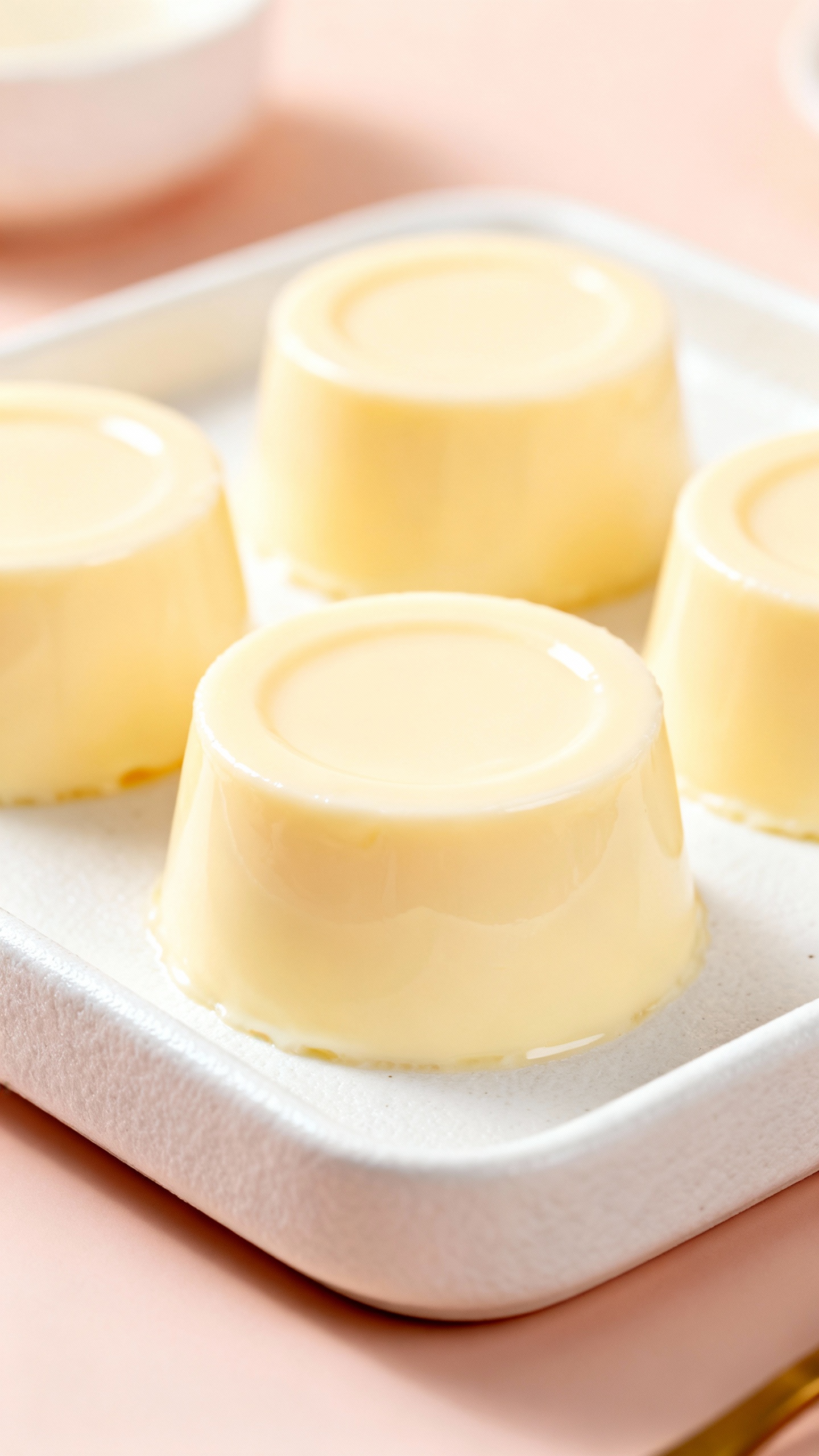 soft vanilla milk pudding cups on ceramic tray