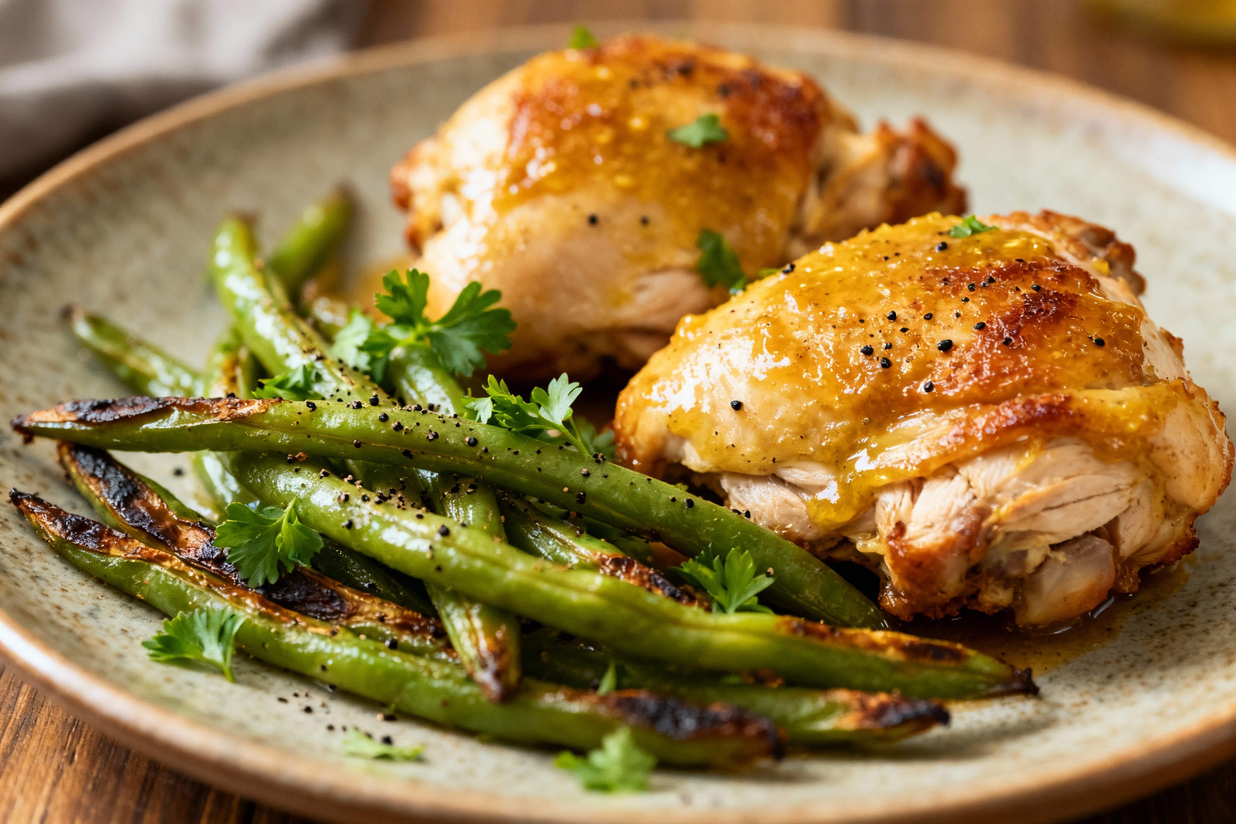 Honey Dijon Chicken Thighs with Roasted Green Beans