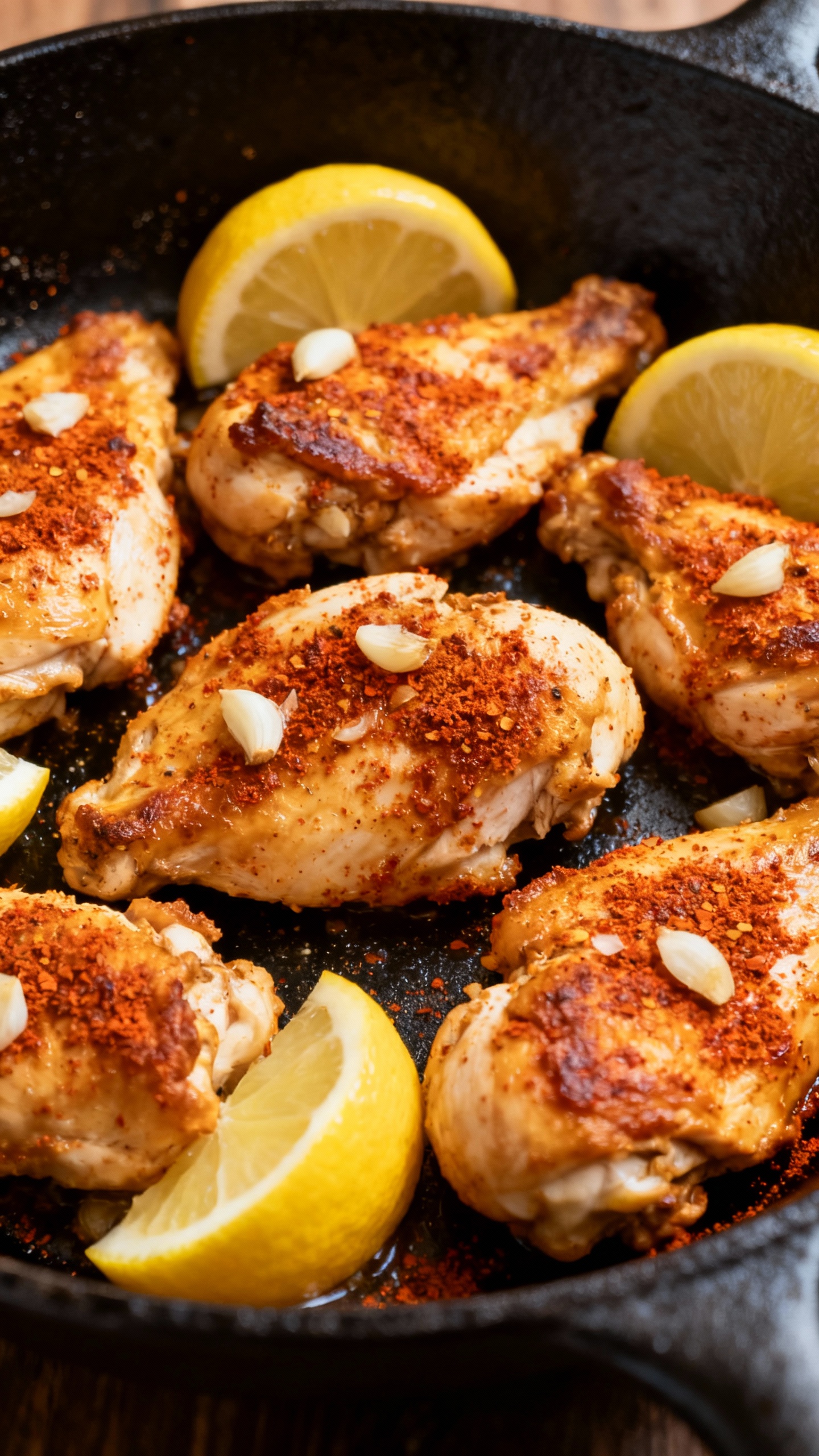 paprika garlic chicken skillet with lemon wedges, cast-iron