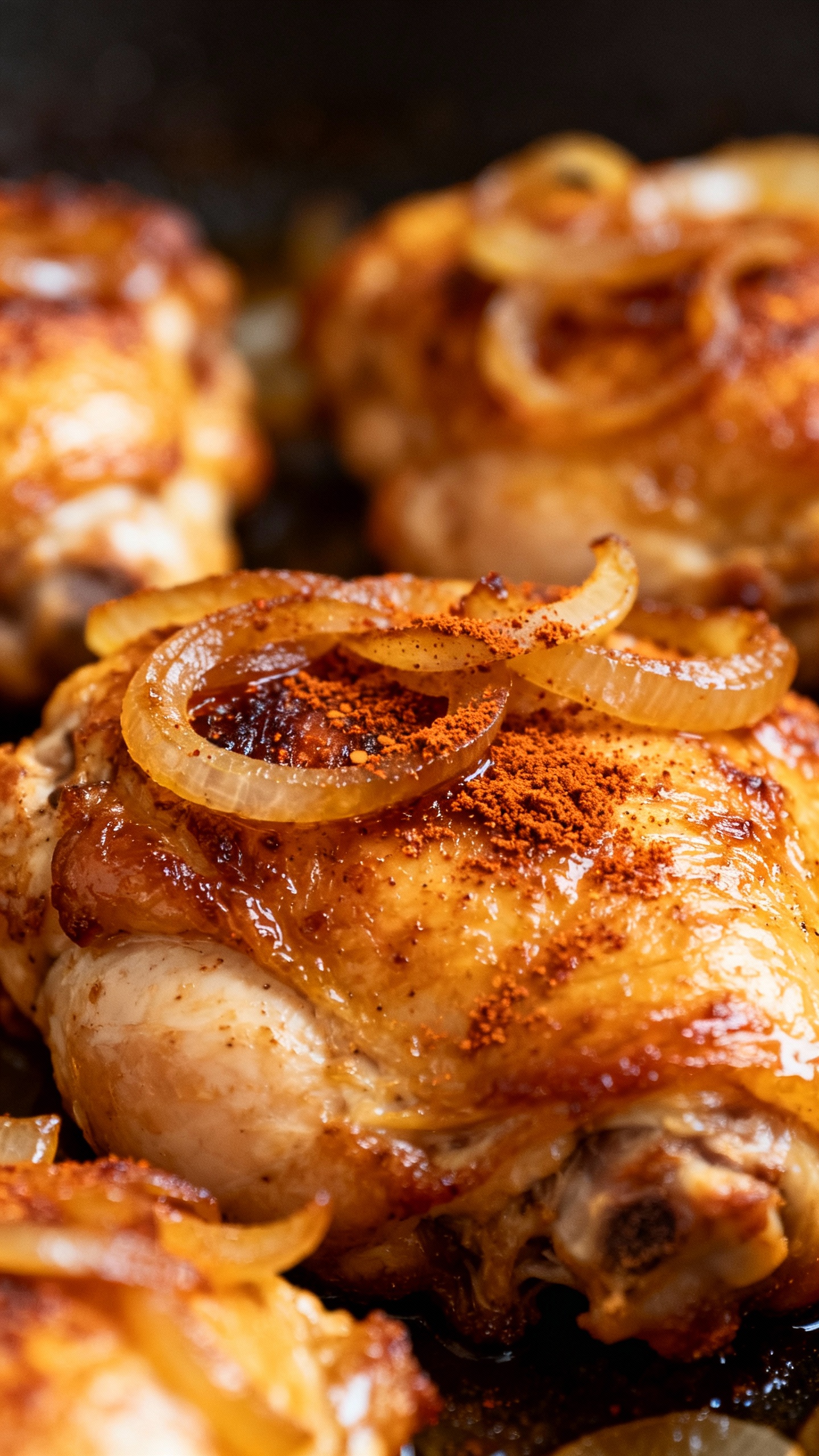 golden seared chicken thighs, smoky paprika, caramelized onions