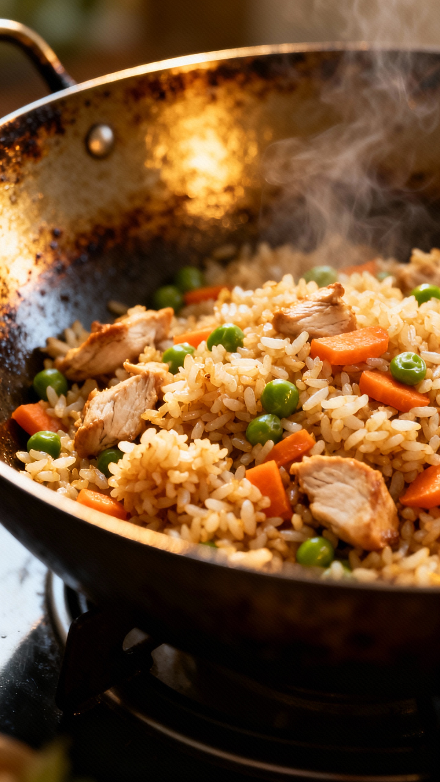 chicken fried rice in wok, day-old rice texture close-up