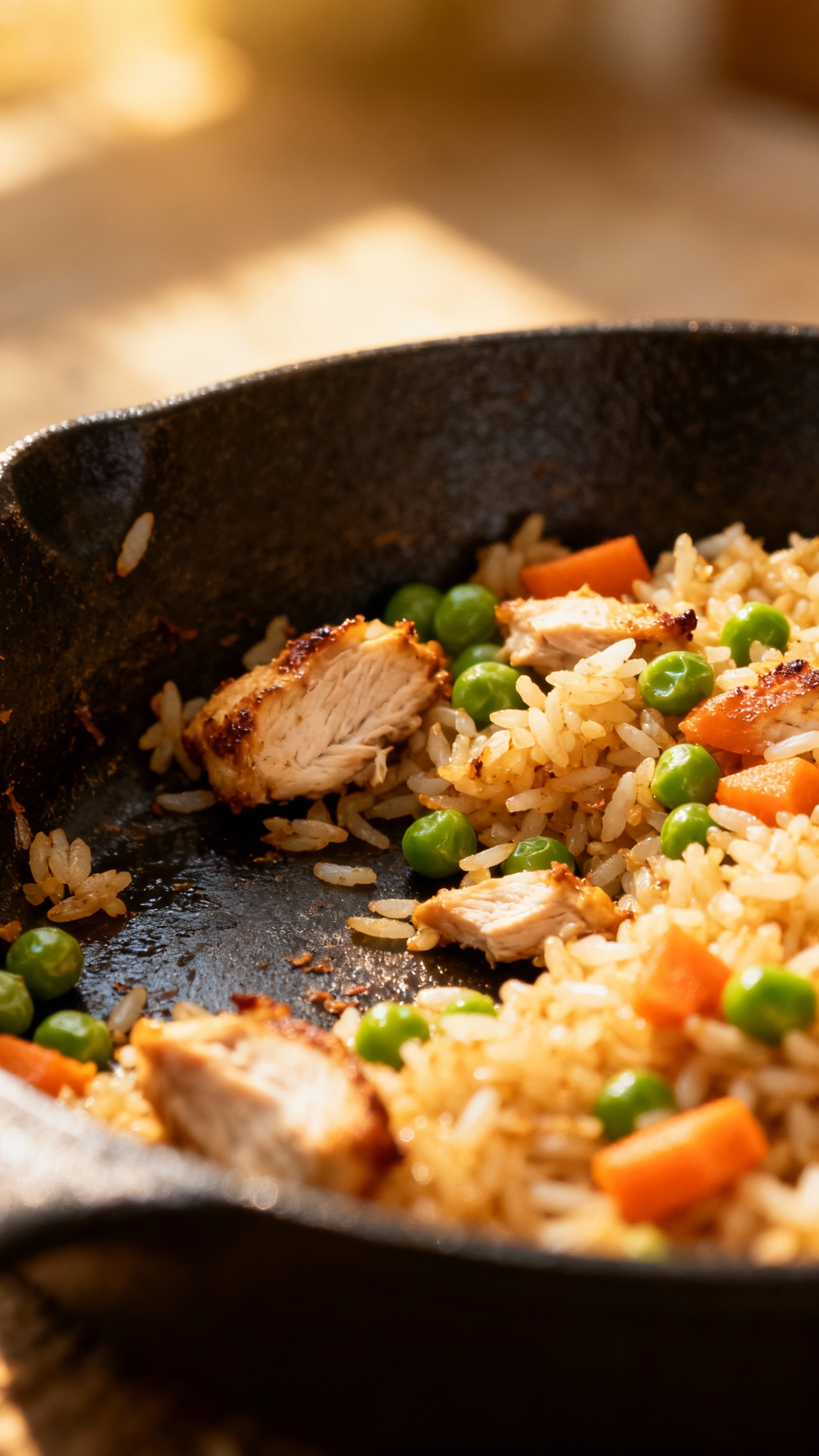 leftover chicken fried rice in skillet, peas and carrots