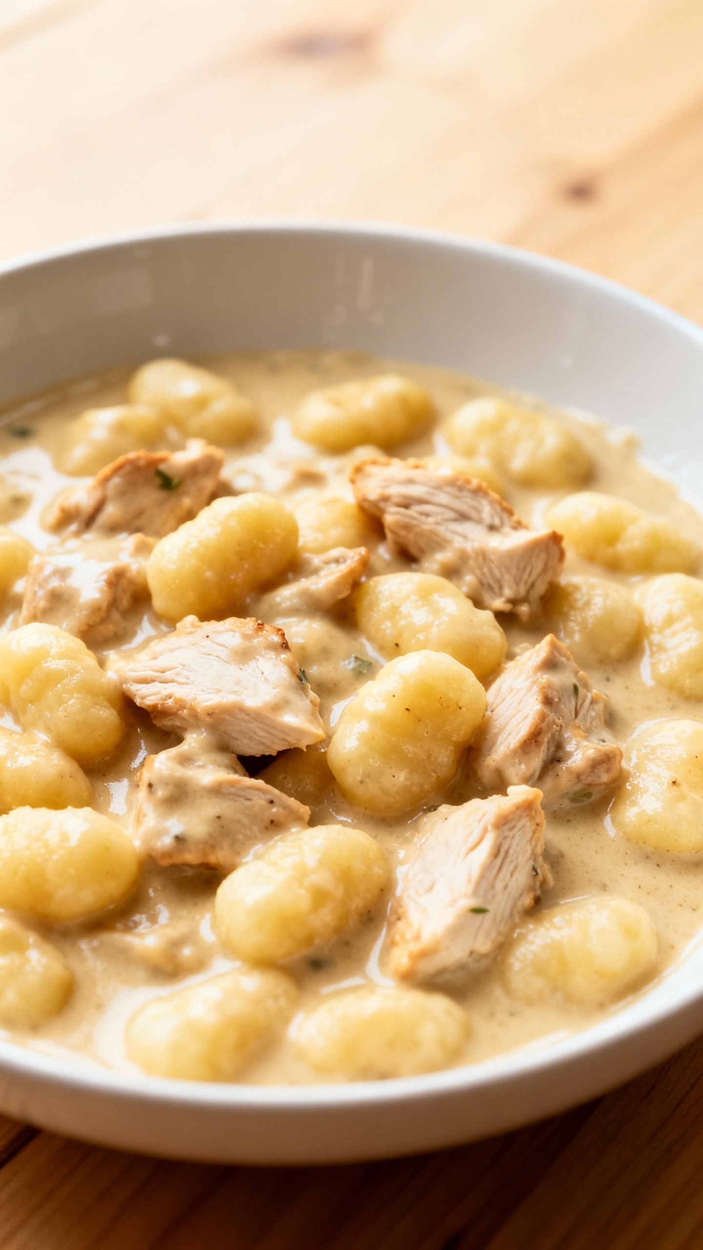 Creamy chicken gnocchi in shallow bowl, overhead shot
