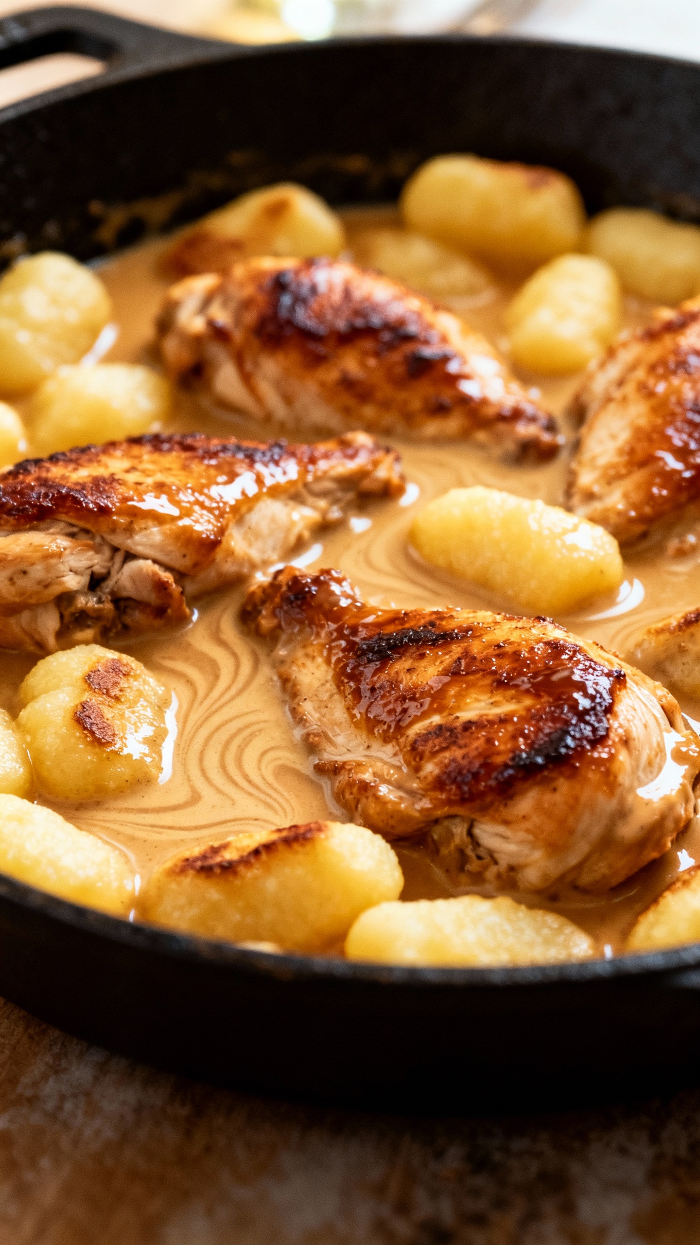 Seared chicken pieces and gnocchi in skillet, creamy sauce