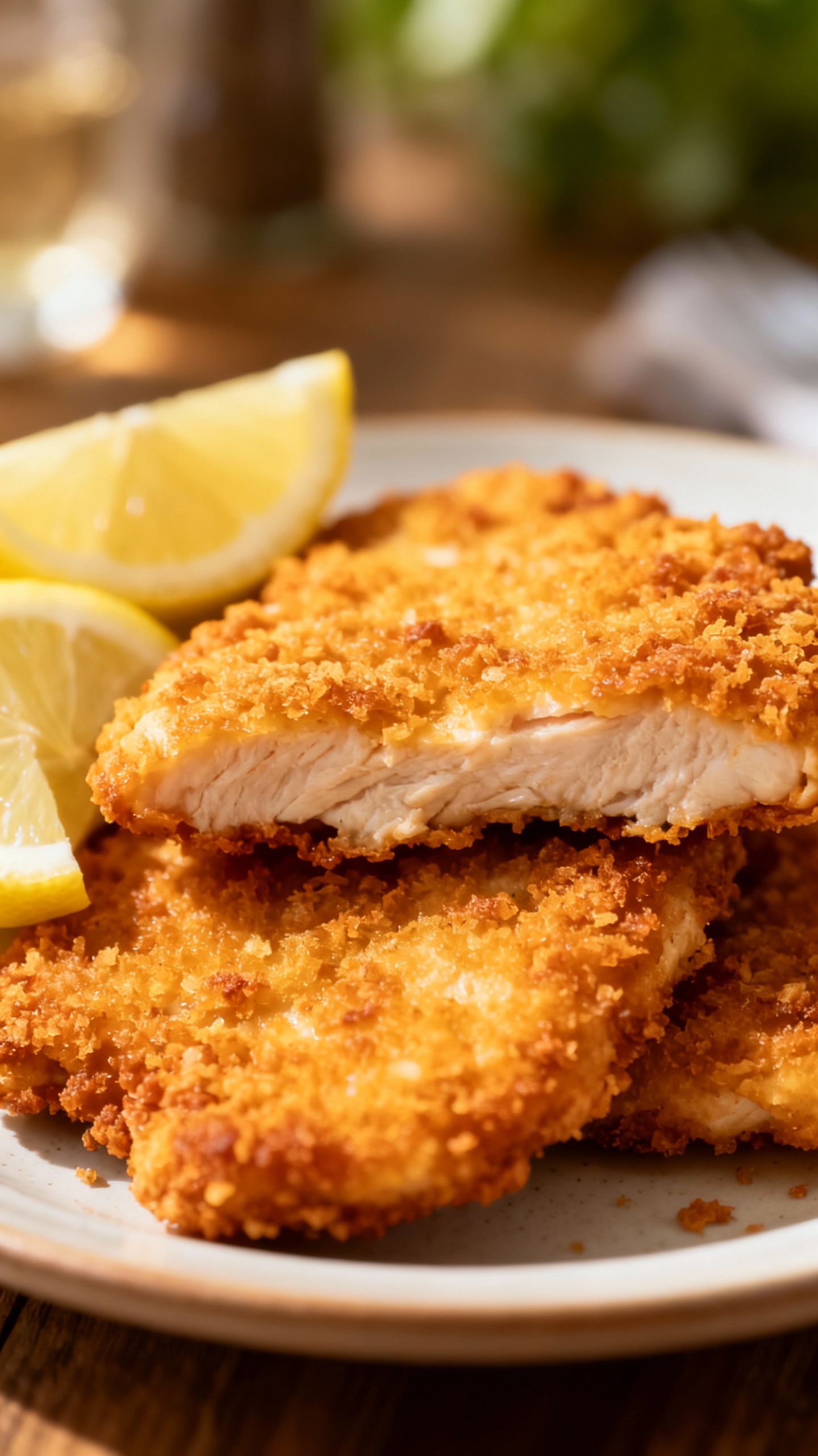 golden breaded chicken cutlets with lemon wedges