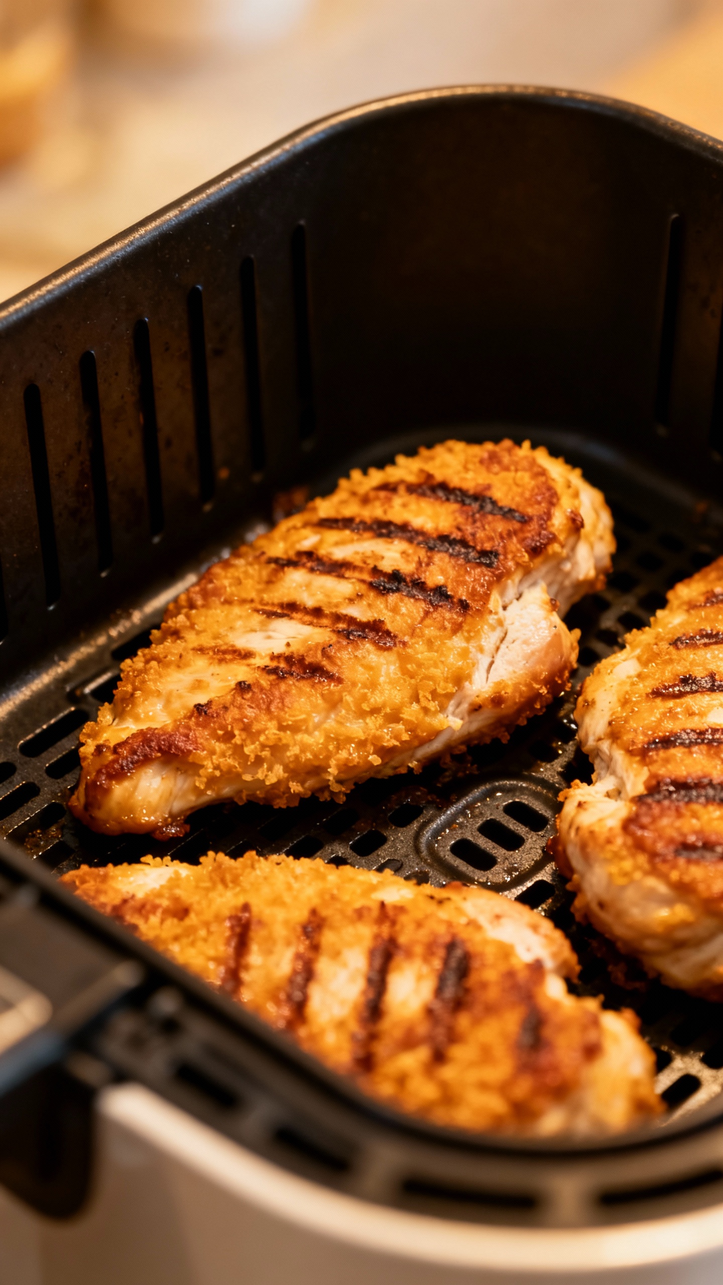 air fryer basket with freshly cooked chicken cutlets