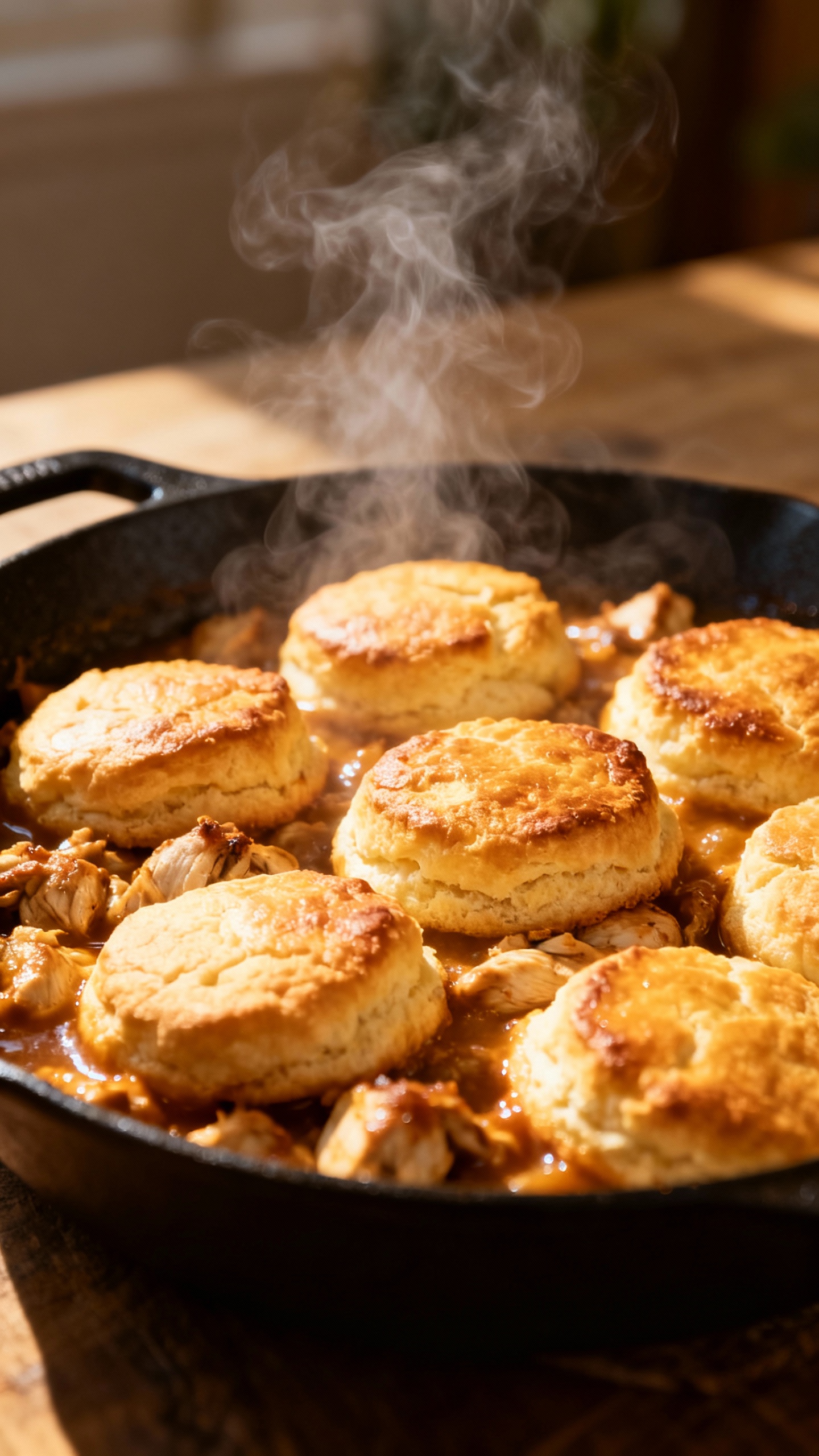 golden biscuit-topped chicken skillet, steam rising
