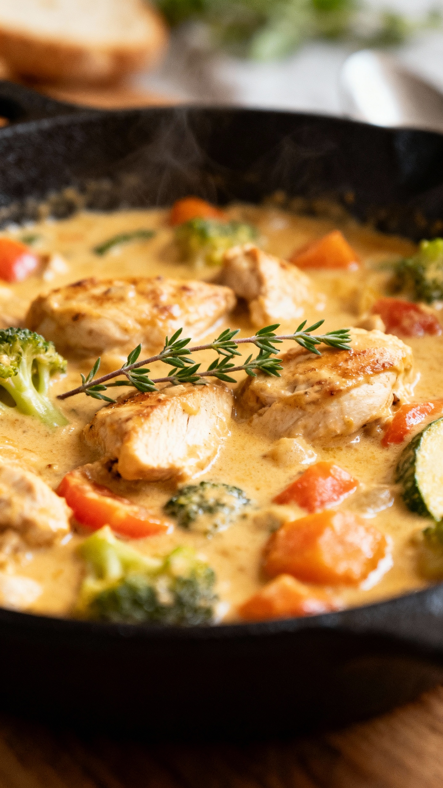 close-up creamy chicken and veggies in skillet, thyme garnish