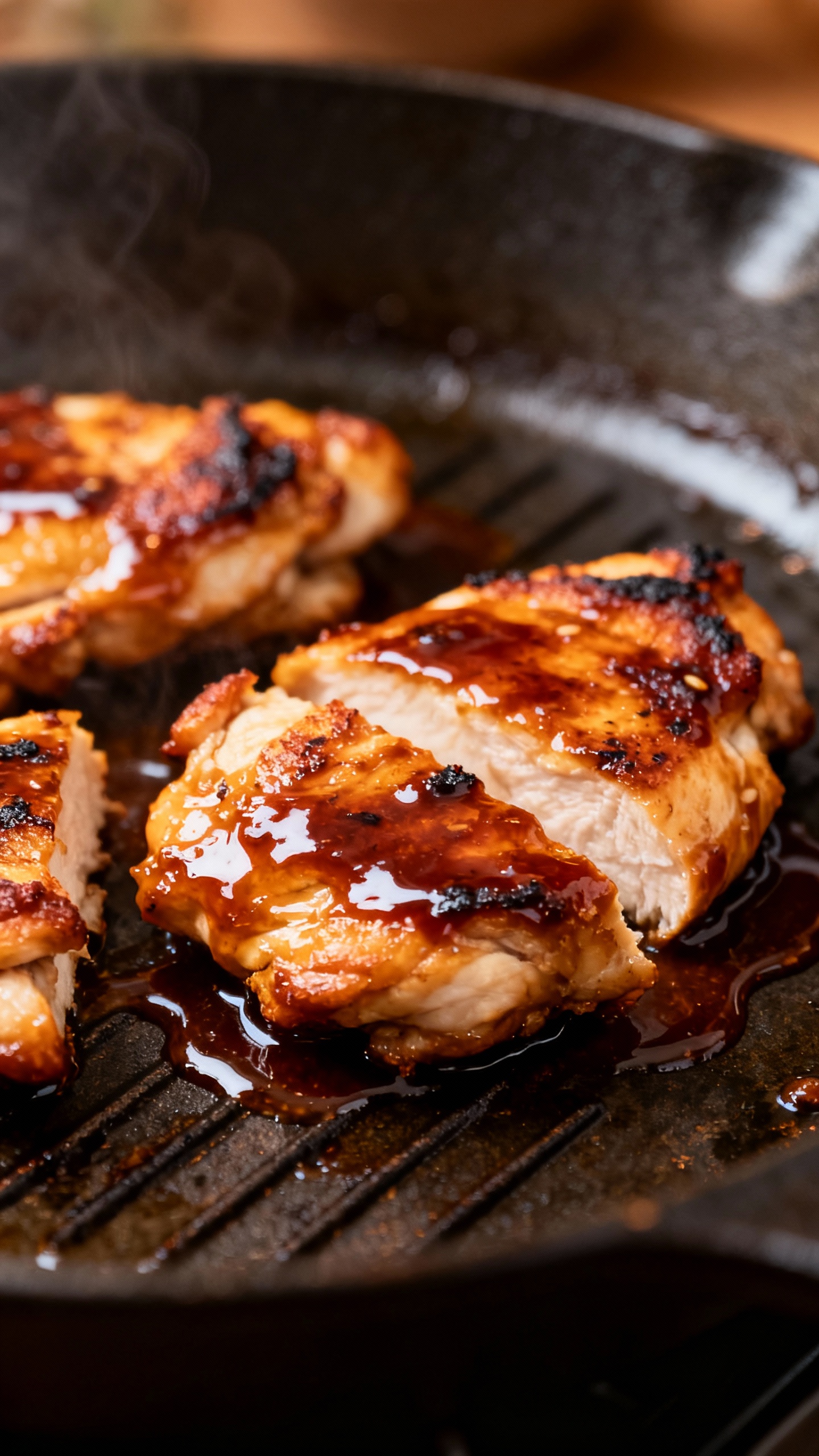 skillet-seared teriyaki chicken, thick lacquered sauce, close-up