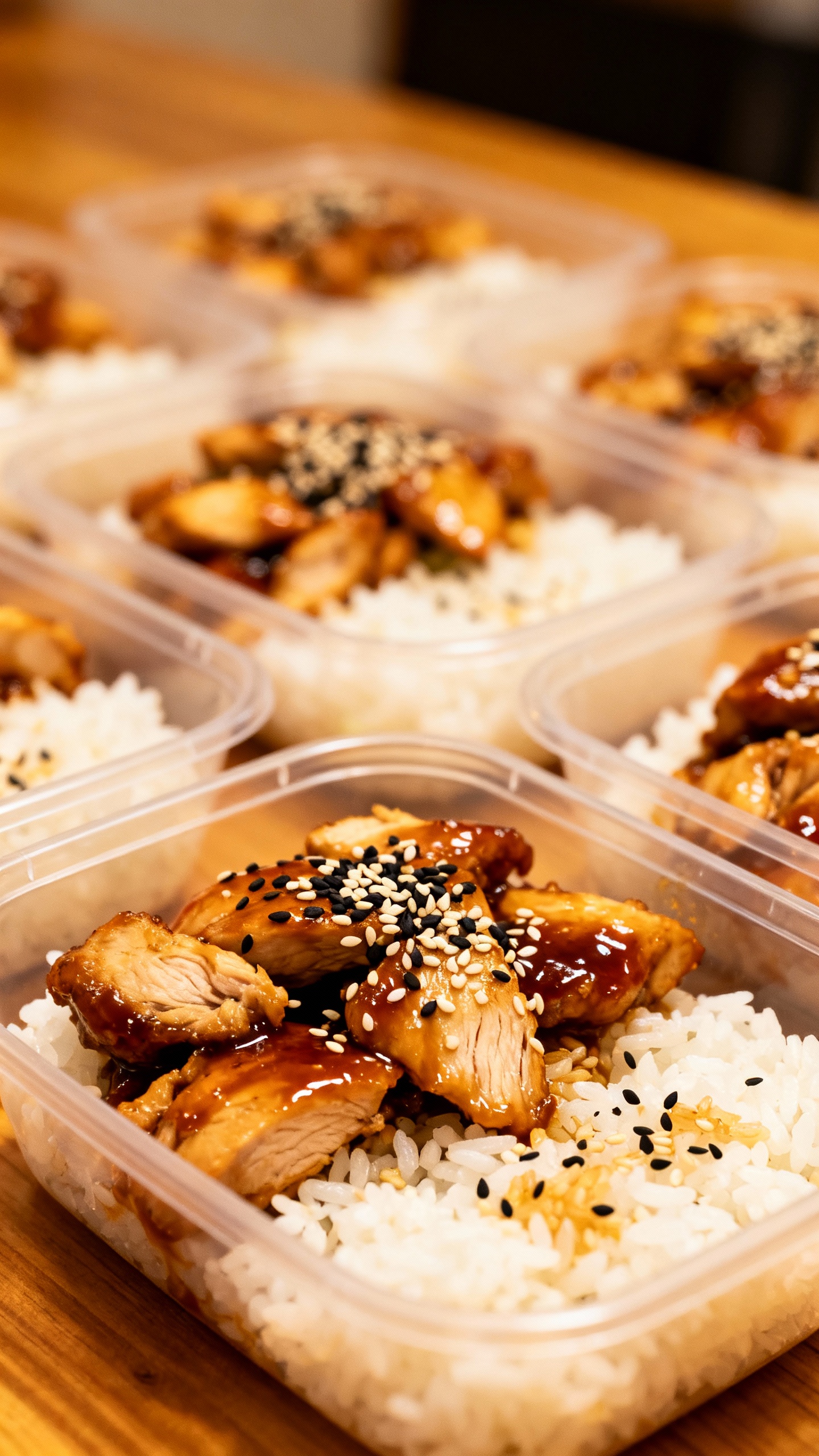 meal-prep teriyaki chicken bowls in containers, steamed rice, sesame