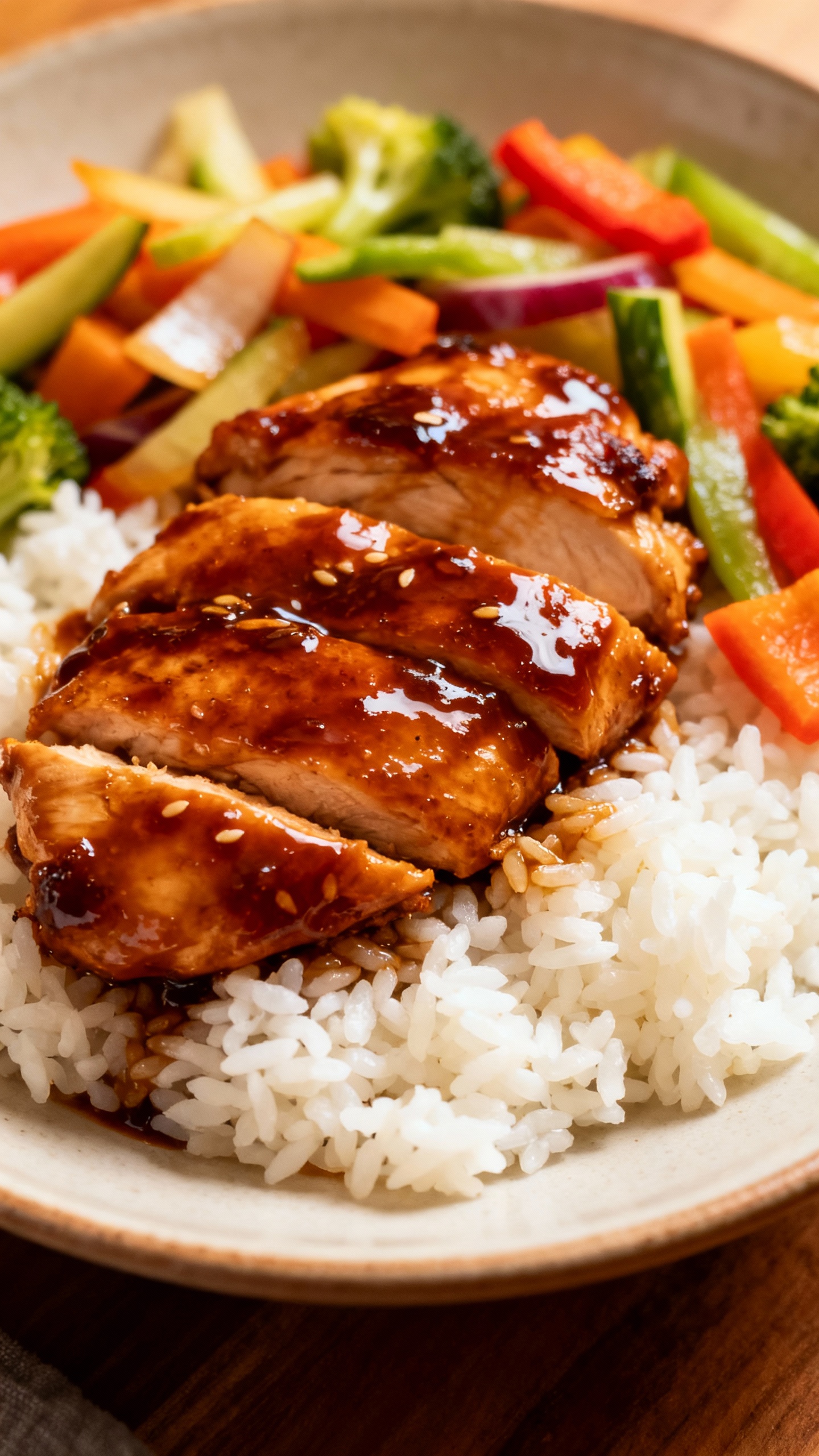 glossy teriyaki chicken over fluffy rice, crunchy veggies, overhead