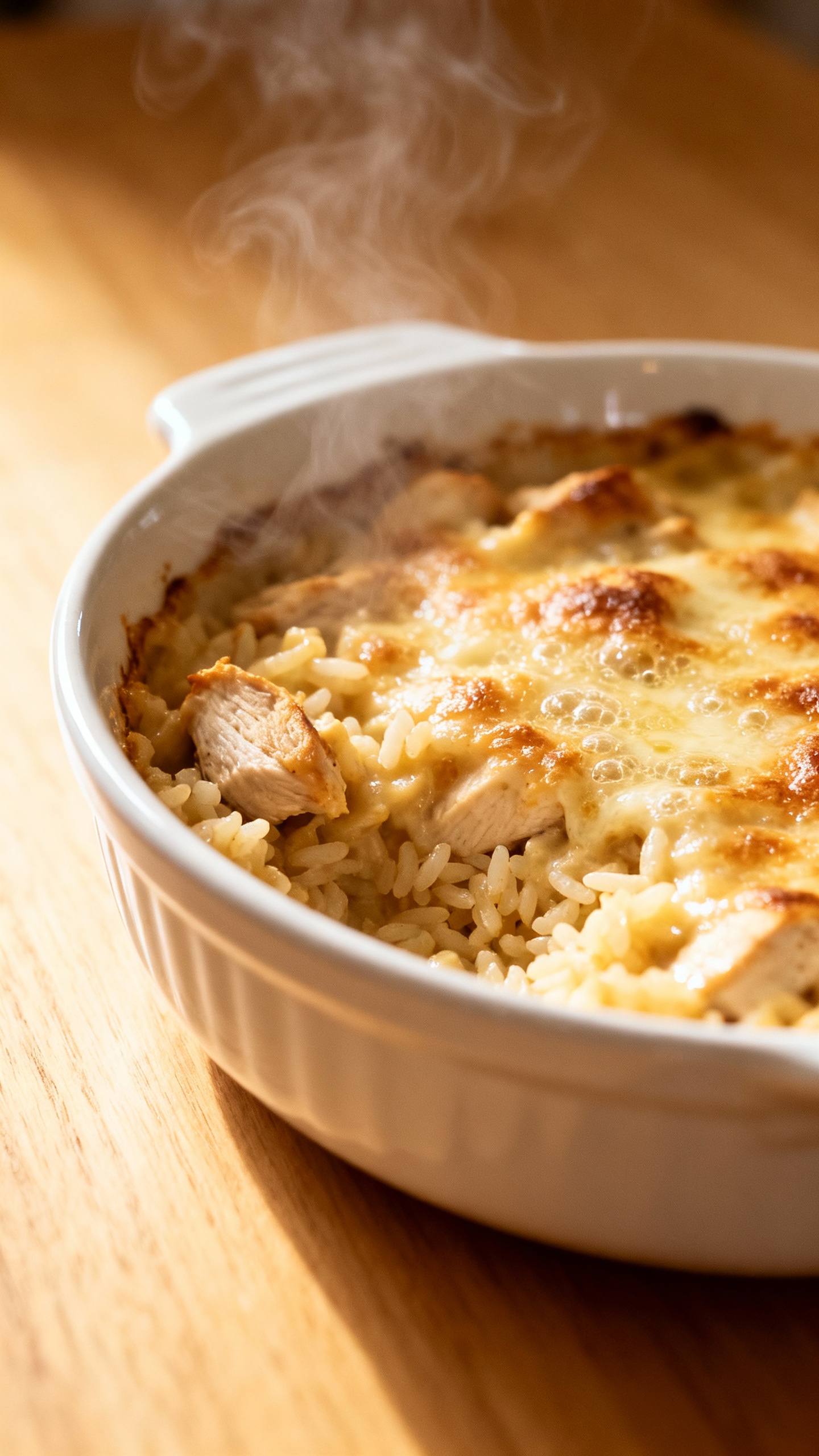 creamy chicken and rice casserole in white ceramic dish