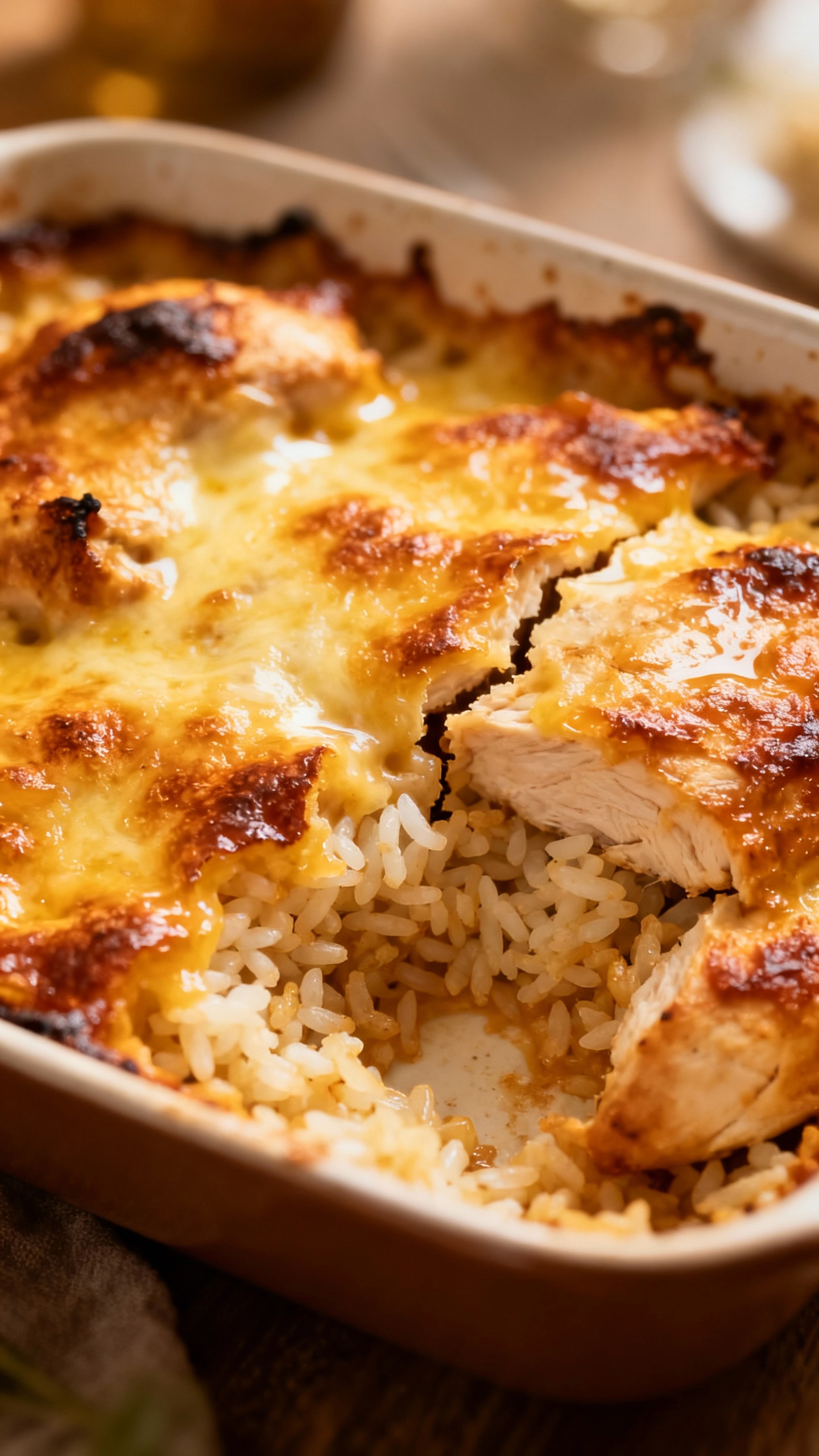 golden baked chicken rice casserole with crispy edges, overhead