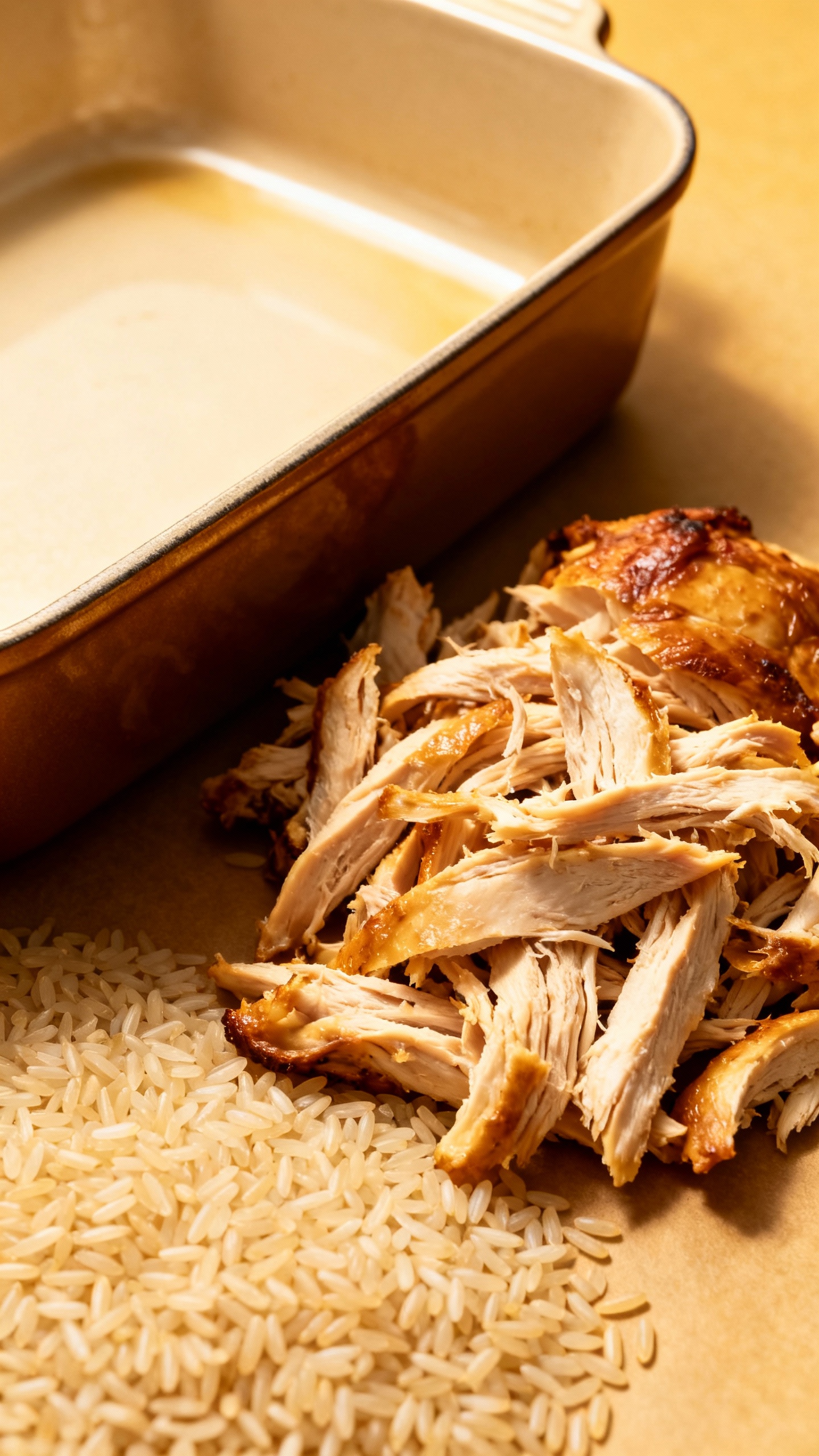 rotisserie chicken shredded beside uncooked rice and casserole pan
