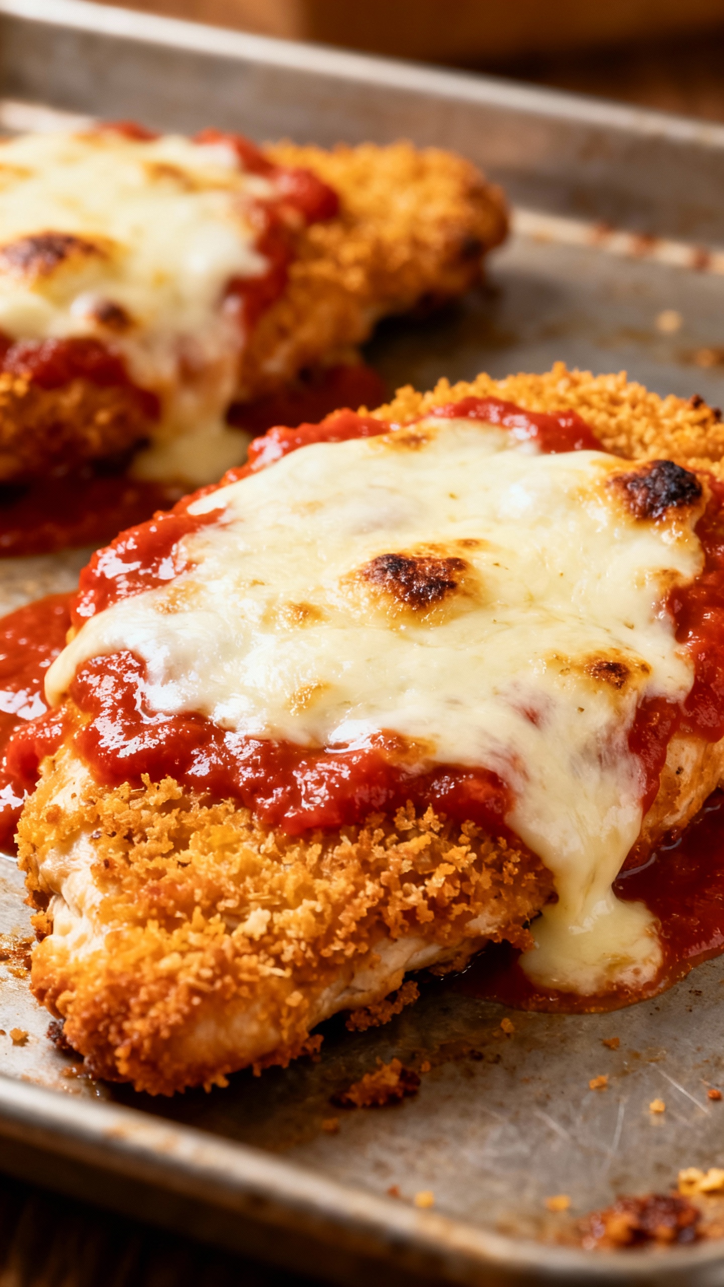 baked chicken parmesan on sheet pan, golden crumbs, melty mozzarella