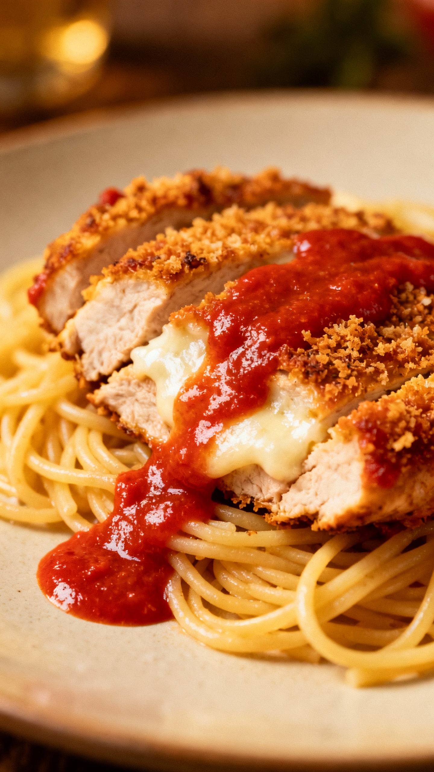 sliced baked chicken parm over spaghetti with bright marinara