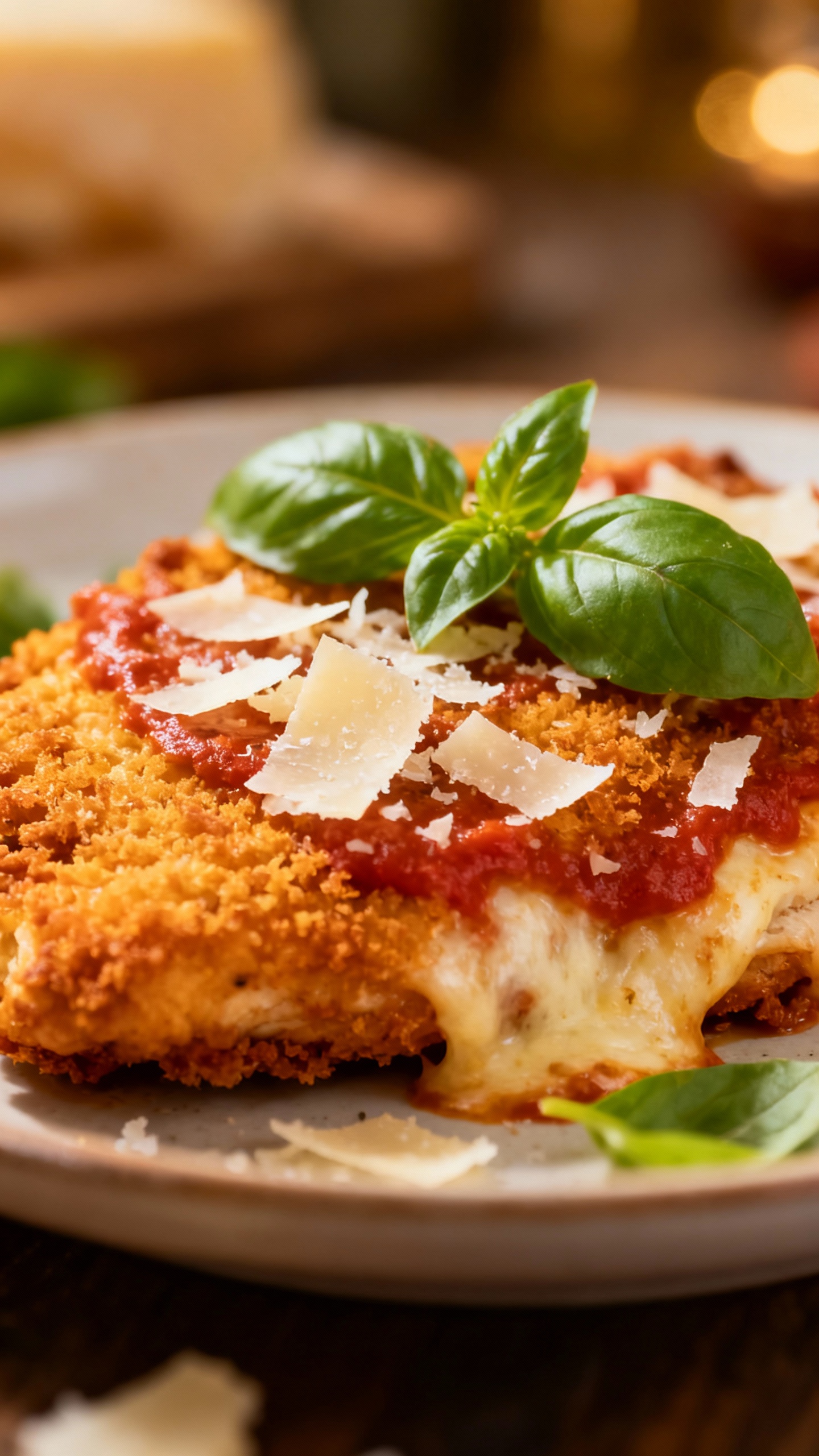 close-up crispy baked chicken parm, basil garnish, parmesan shavings
