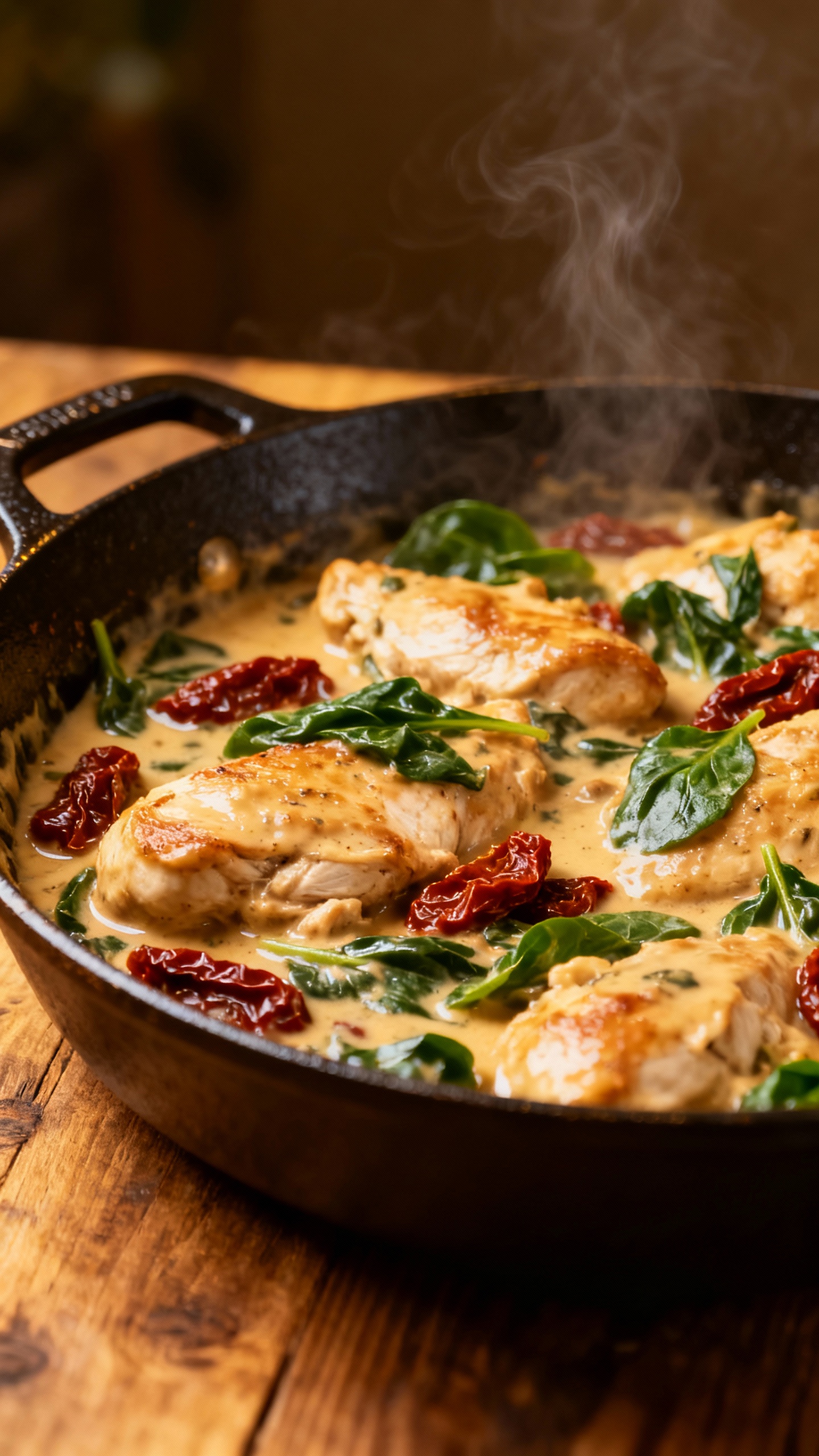 skillet creamy tuscan chicken with sun-dried tomatoes and spinach