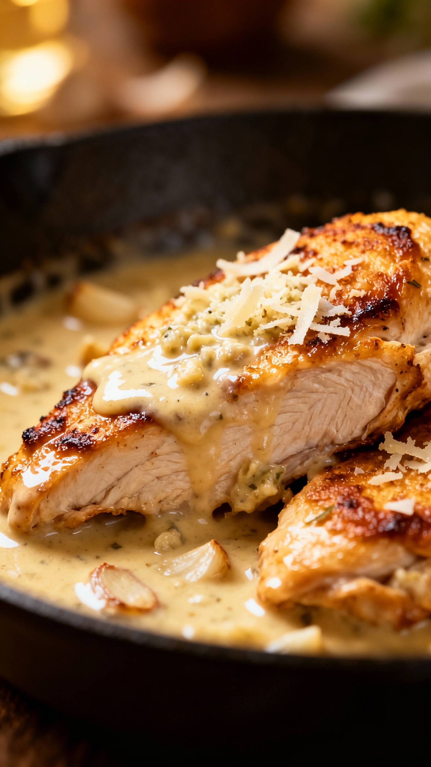 close-up pan-seared chicken in garlic parmesan cream sauce