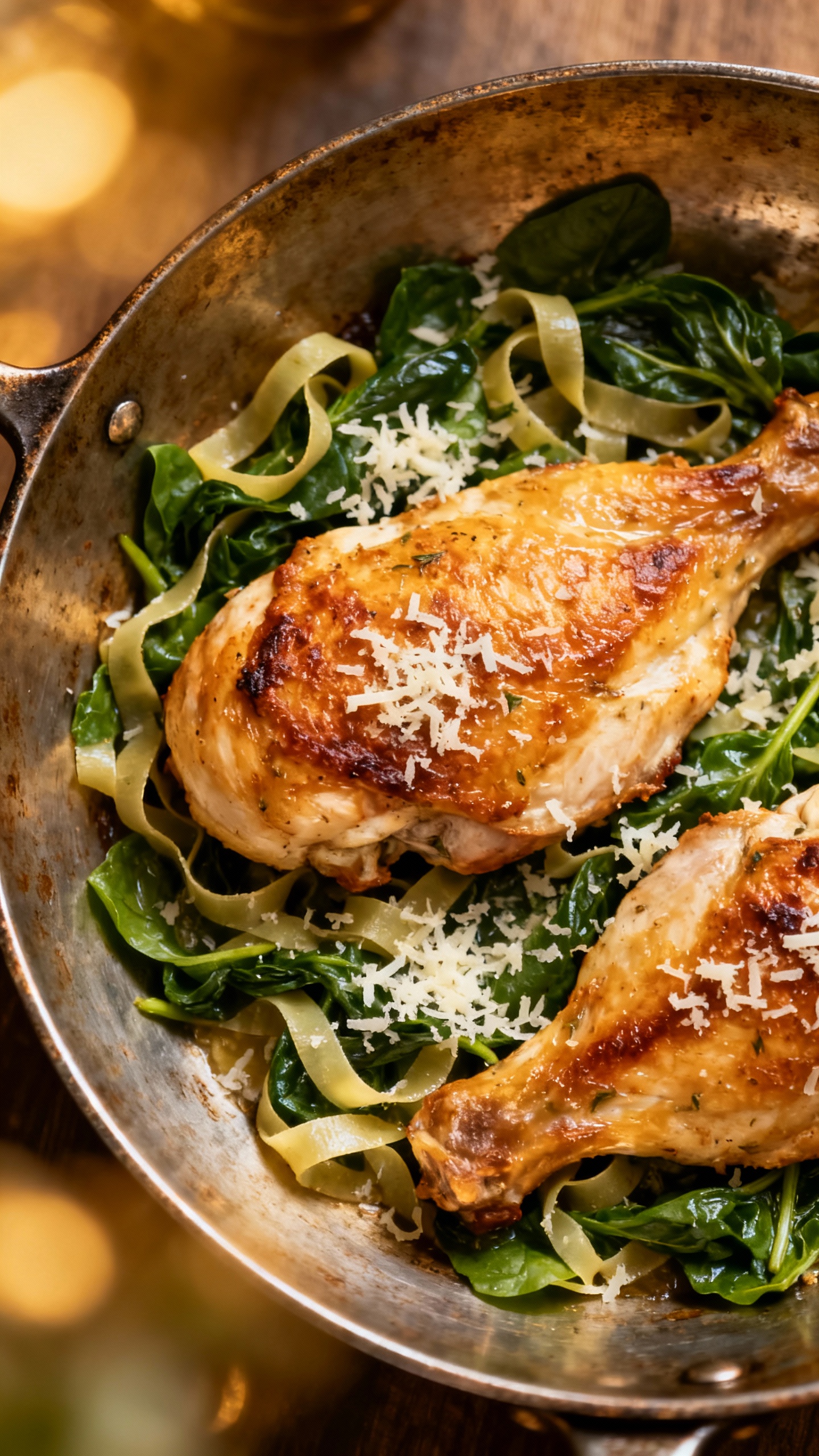 overhead one-skillet tuscan chicken, ribbons of spinach, Parmesan