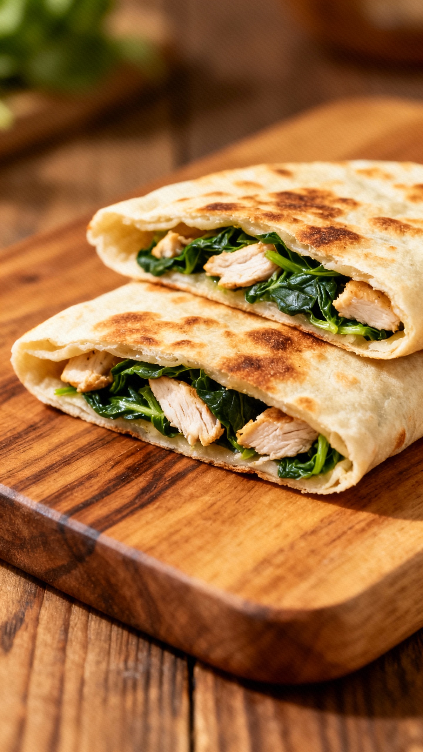 chicken and spinach stuffed flatbreads on wooden board