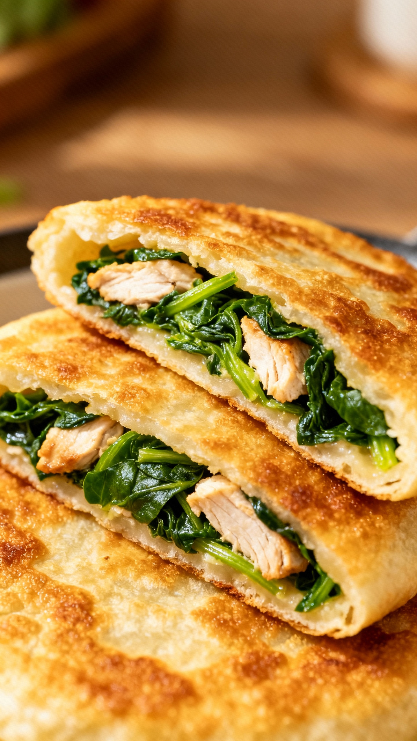 golden pan-fried flatbread with spinach chicken filling