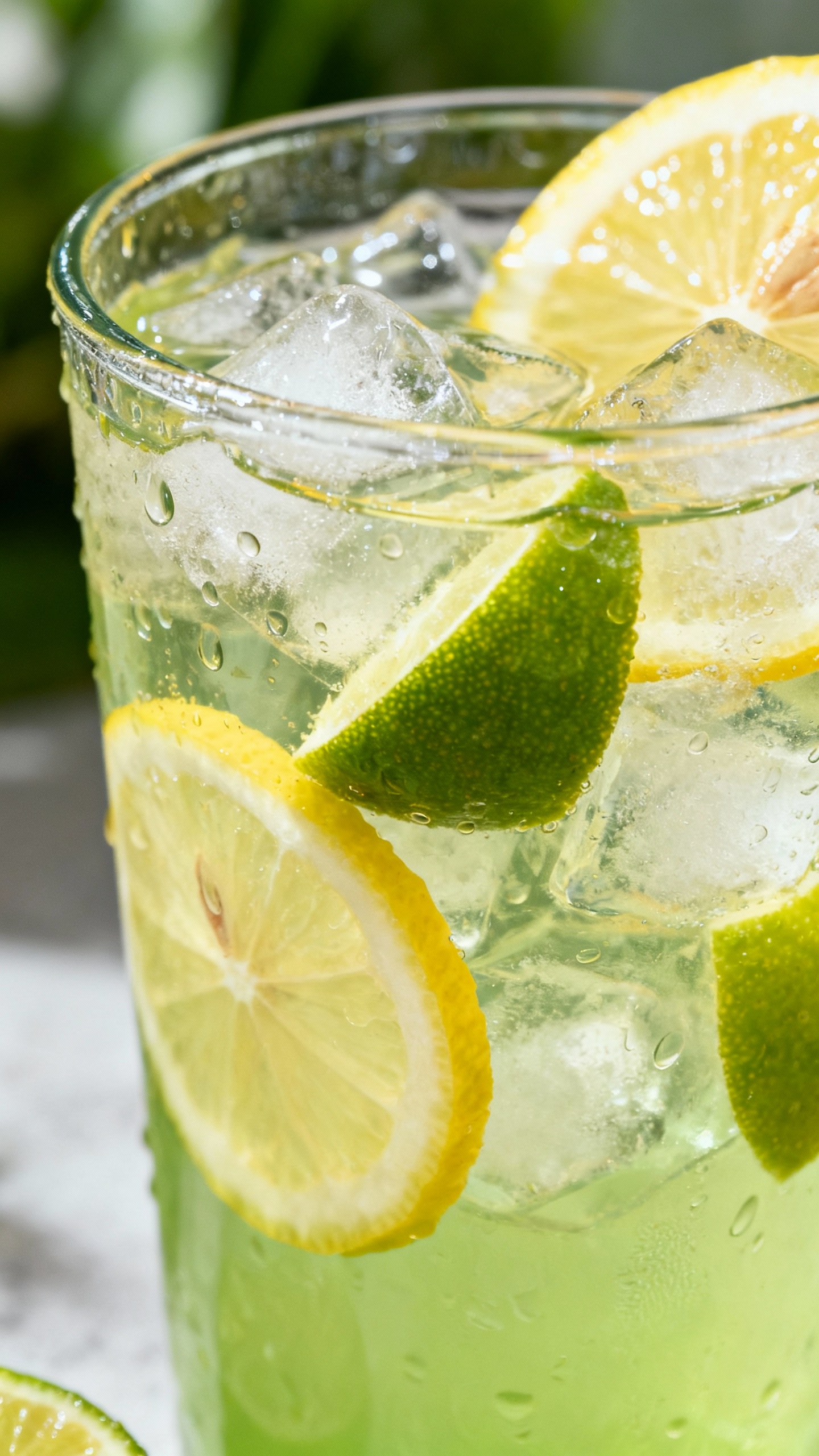 Lemon-lime honey green tea in clear glass with ice