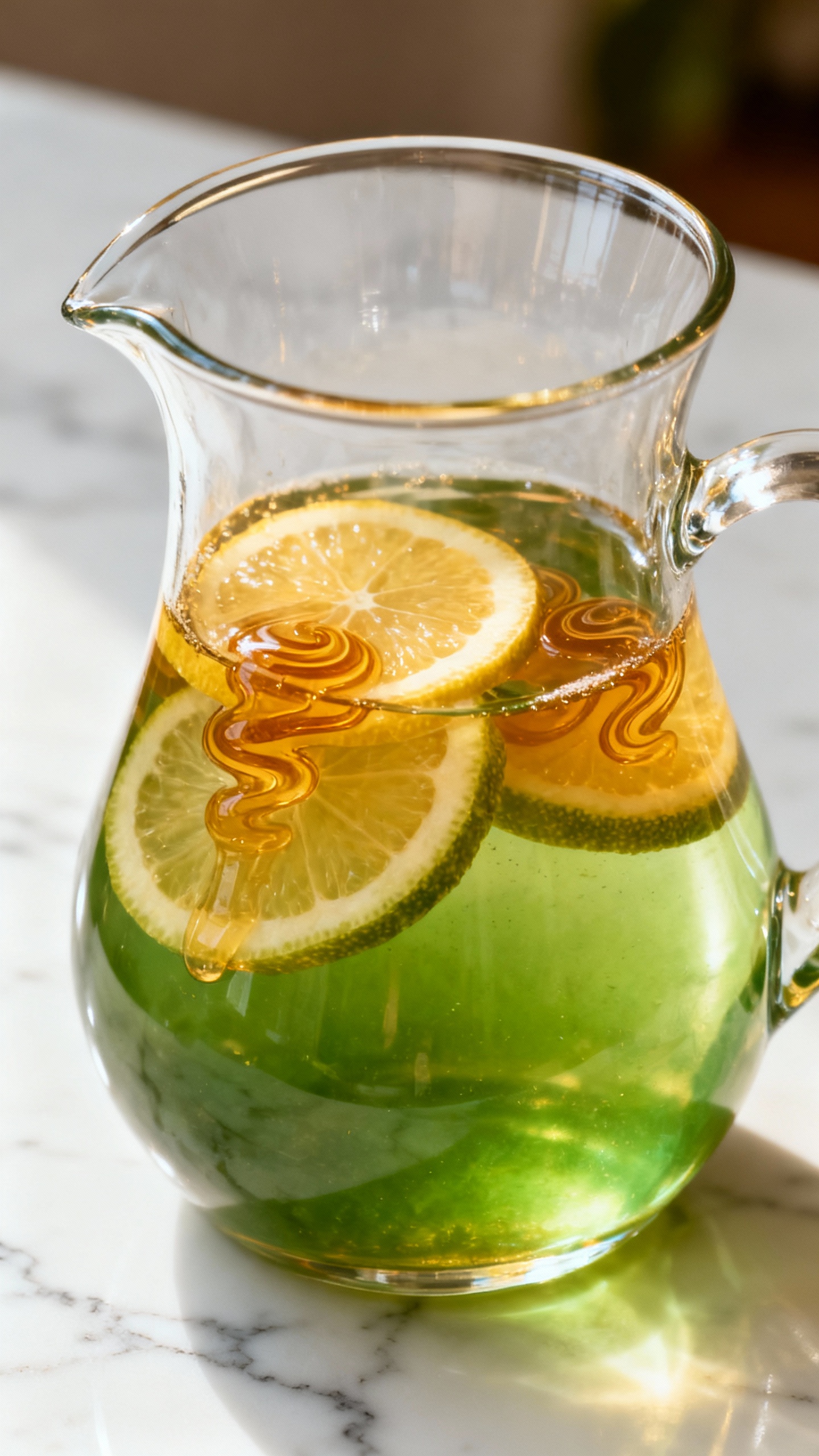 Pitcher of citrus honey green tea on white marble