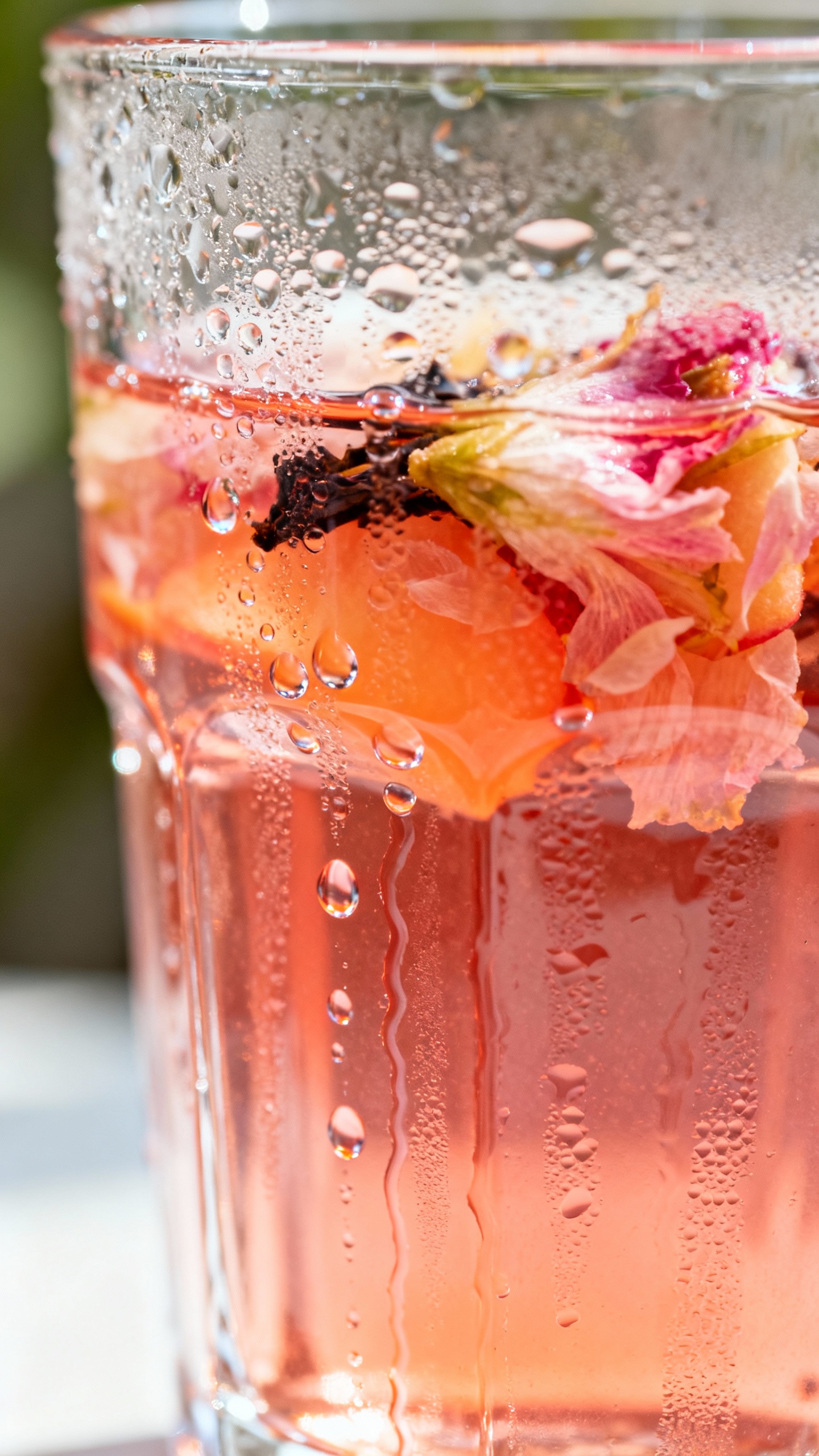 close-up condensation on peach hibiscus tea, clear glass