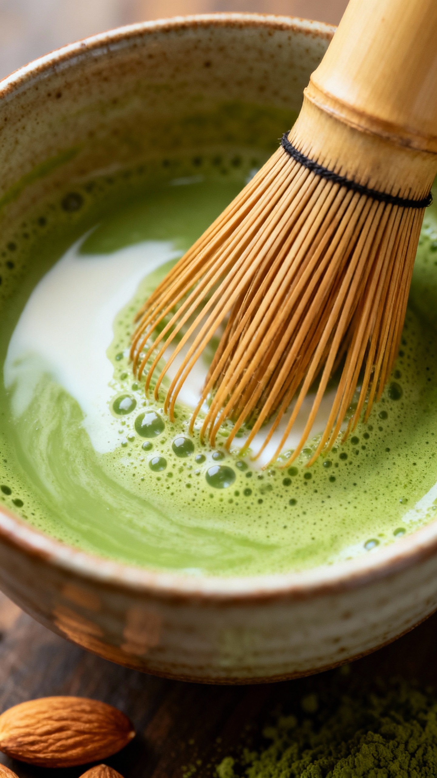 bamboo whisk frothing matcha with almond milk, overhead shot