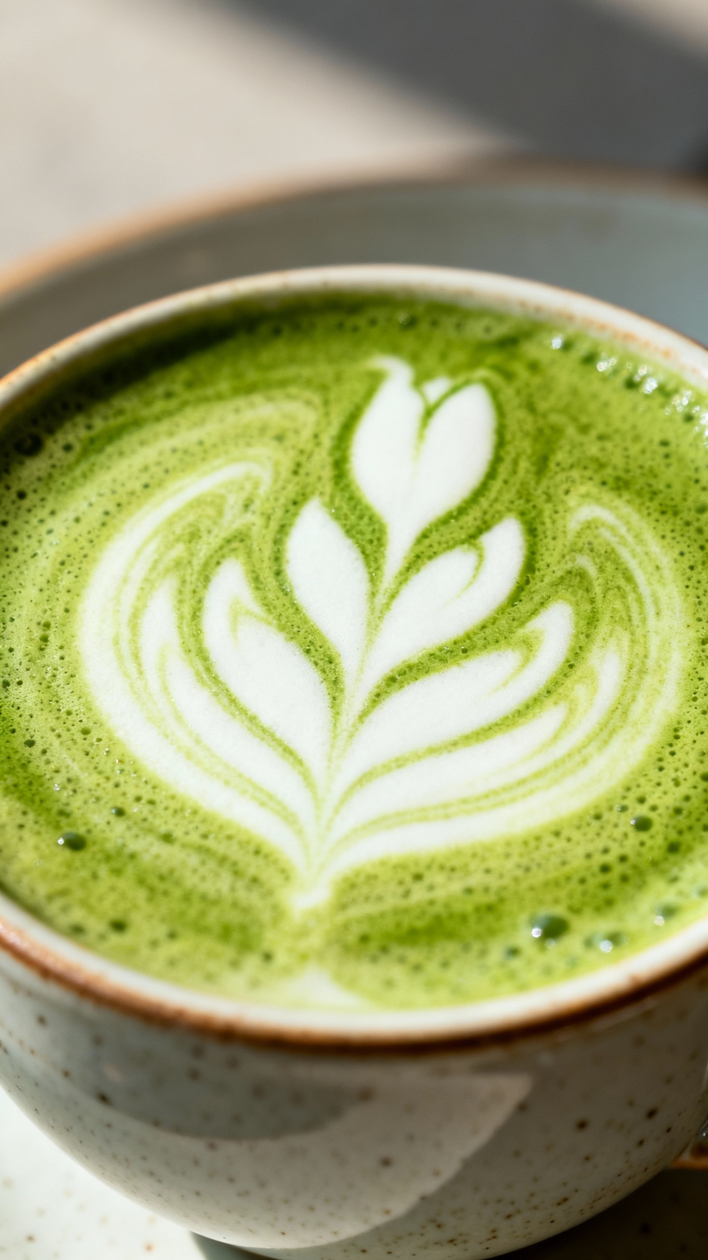 vibrant matcha latte art tulip, ceramic cup, soft daylight