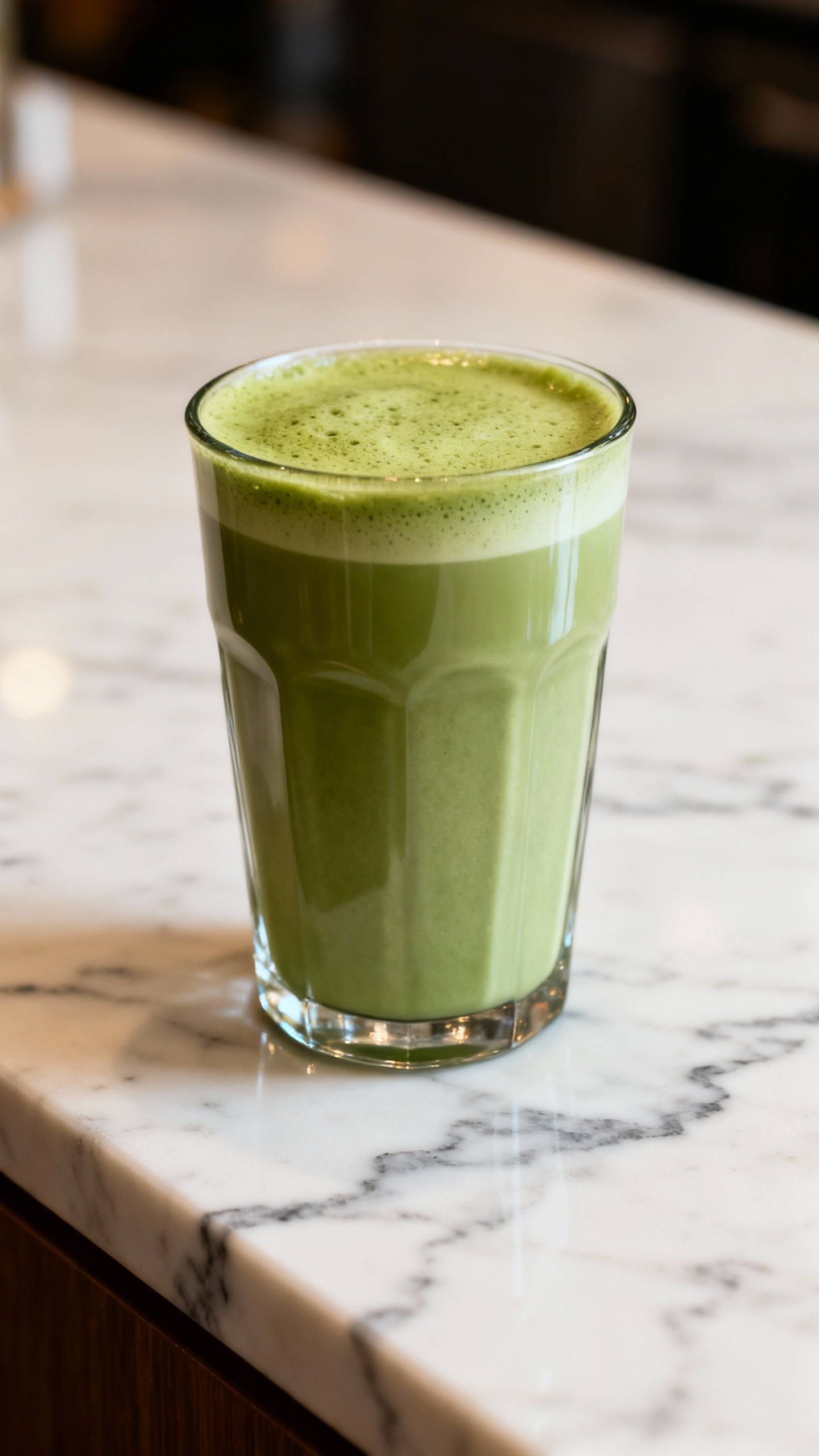 matcha almond milk latte in clear glass, marble countertop