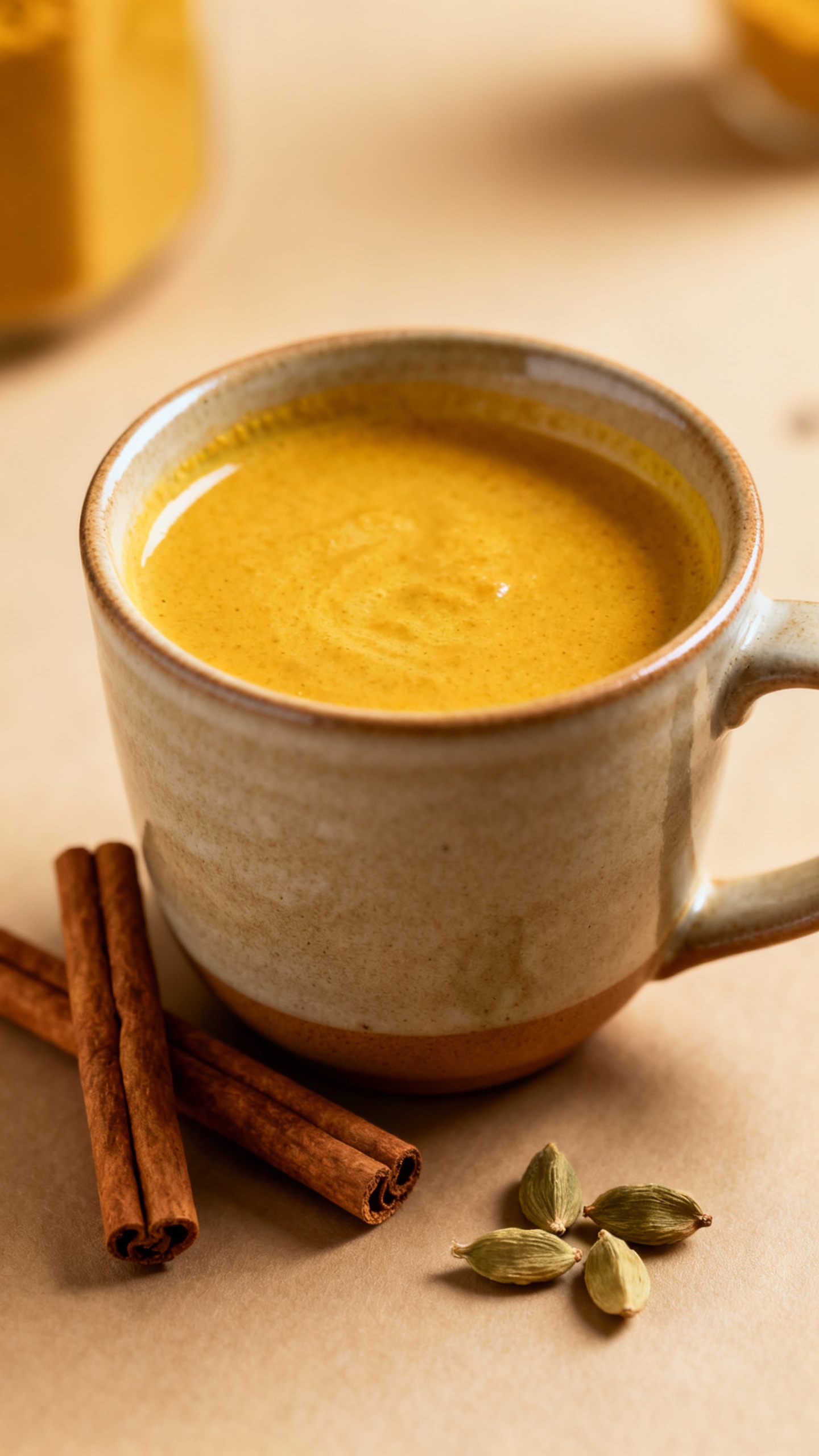 Golden turmeric milk in ceramic mug, cinnamon sticks, cardamom pods
