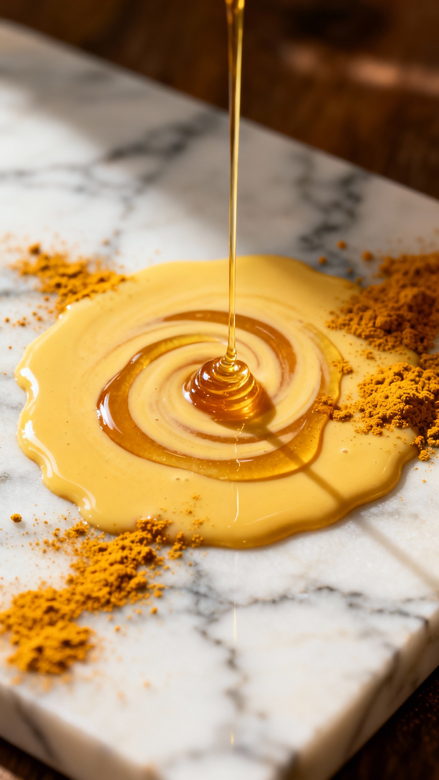Overhead golden milk swirl, honey drizzle, turmeric dust on marble