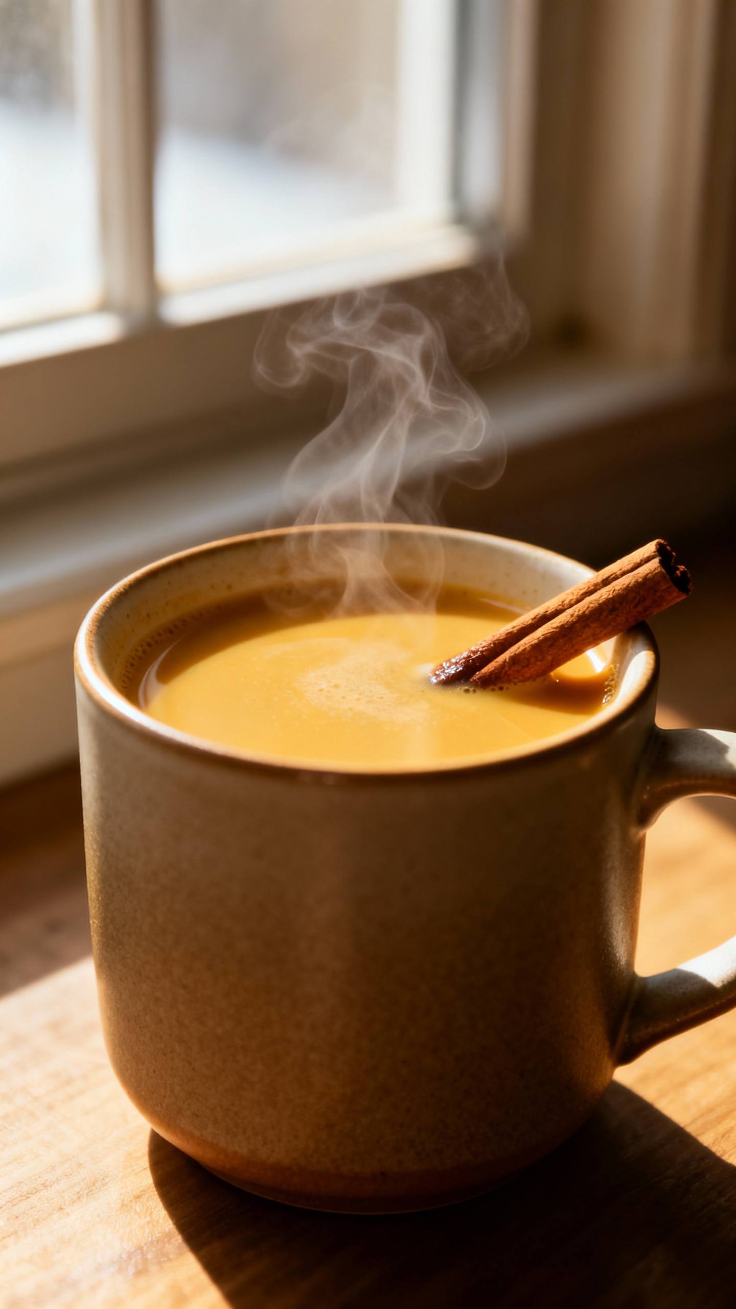 Steaming golden milk in matte mug, cinnamon garnish, soft window light