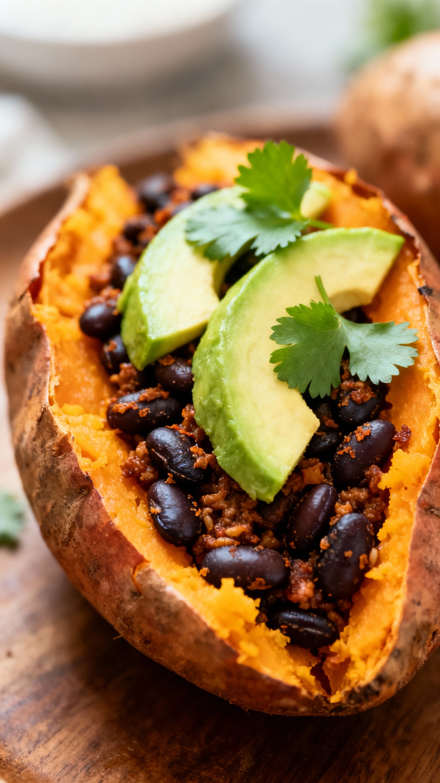 Tex-Mex stuffed sweet potato with black beans, avocado, cilantro