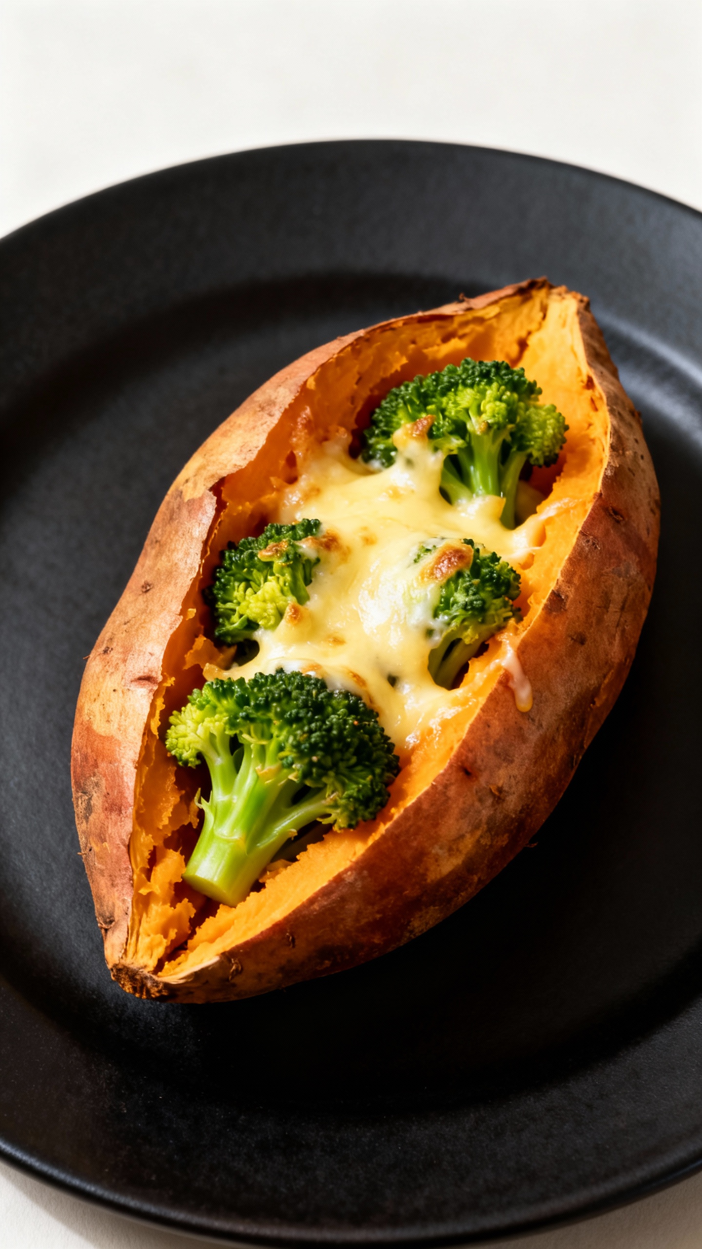 Cheesy broccoli stuffed sweet potato on matte black plate