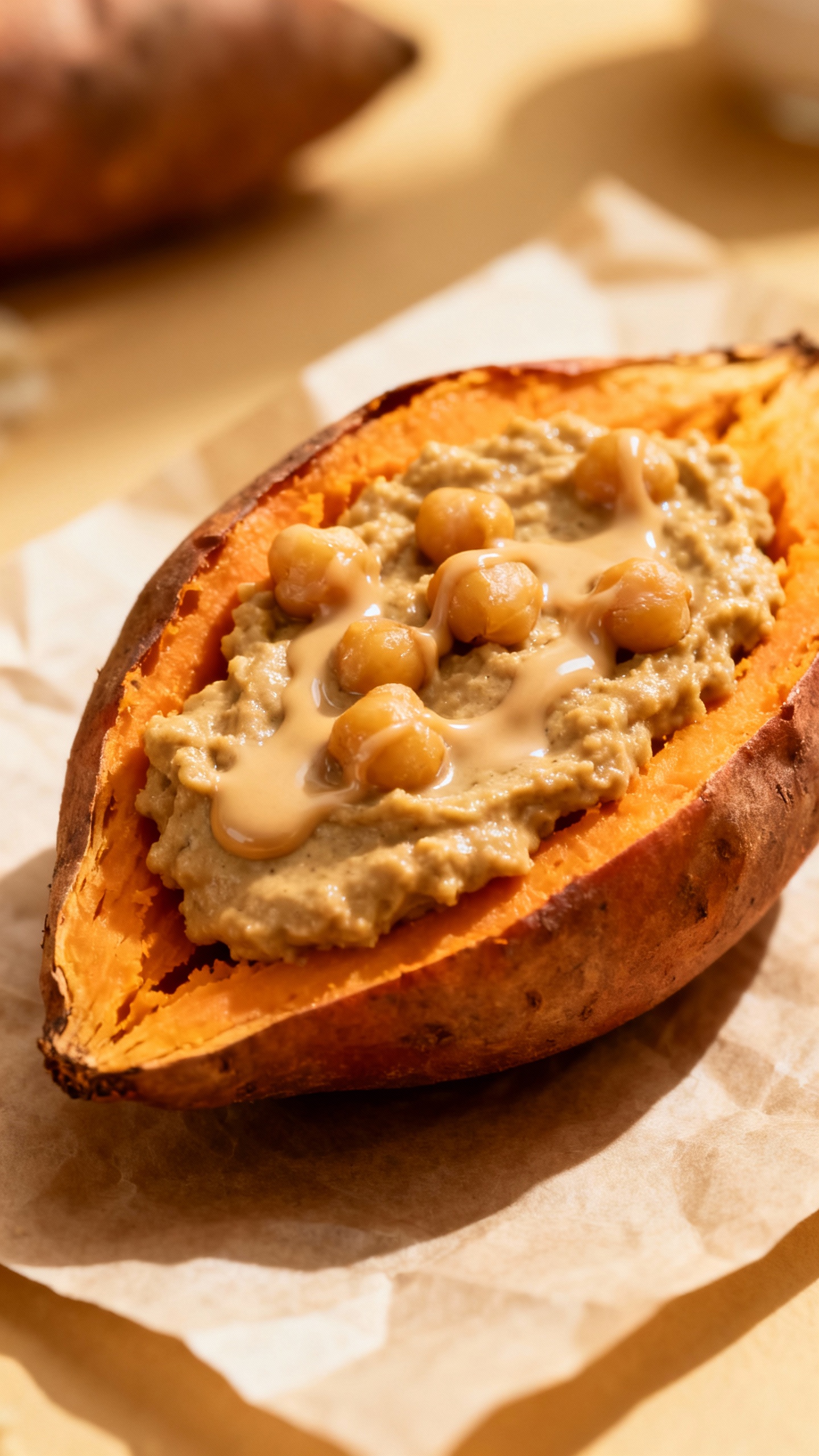 Vegan tahini chickpea stuffed sweet potato, parchment background