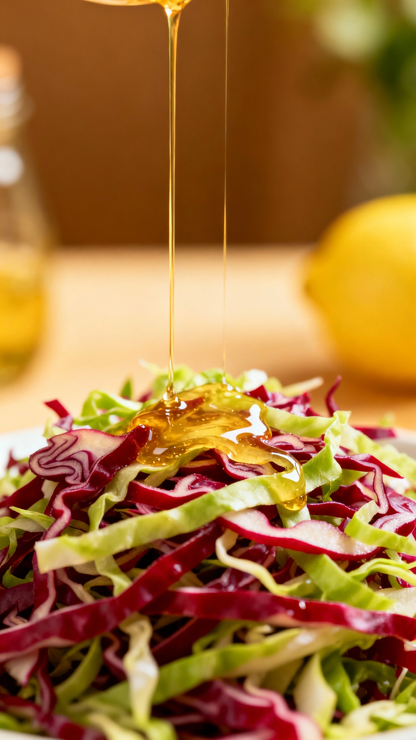 shredded red and green cabbage with lemon dressing drizzle