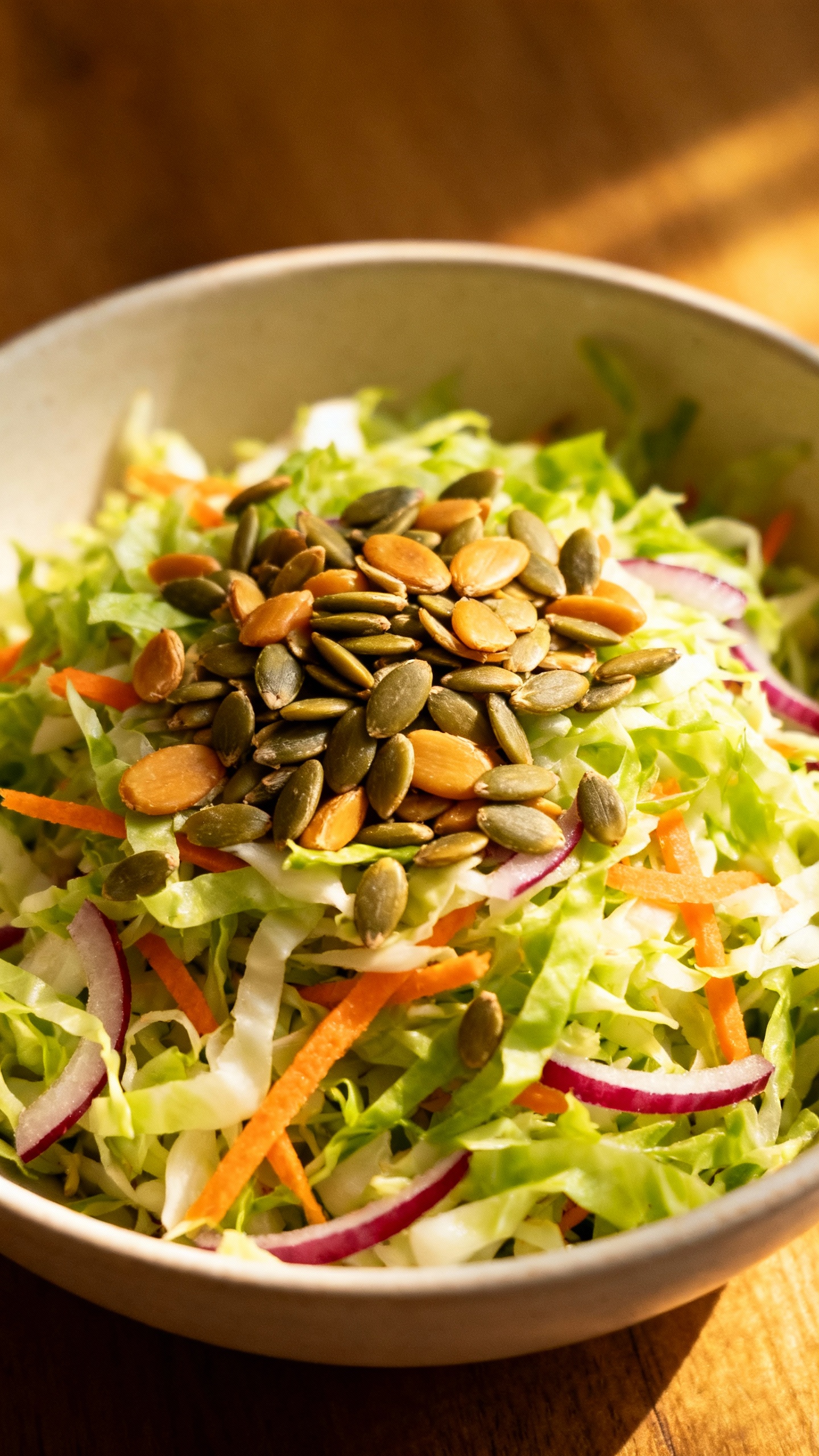 crunchy cabbage slaw with toasted seeds, overhead lighting