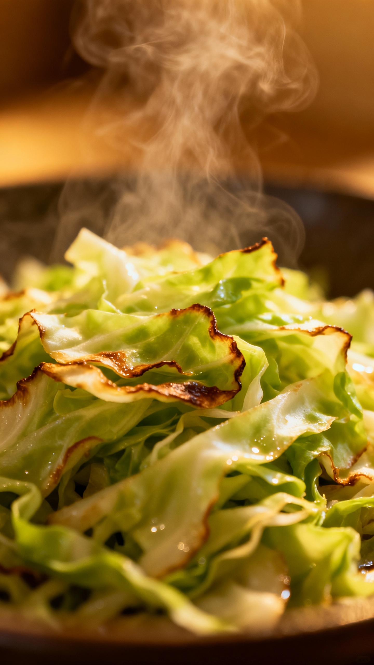silky shredded green cabbage, browned edges, steam, close-up