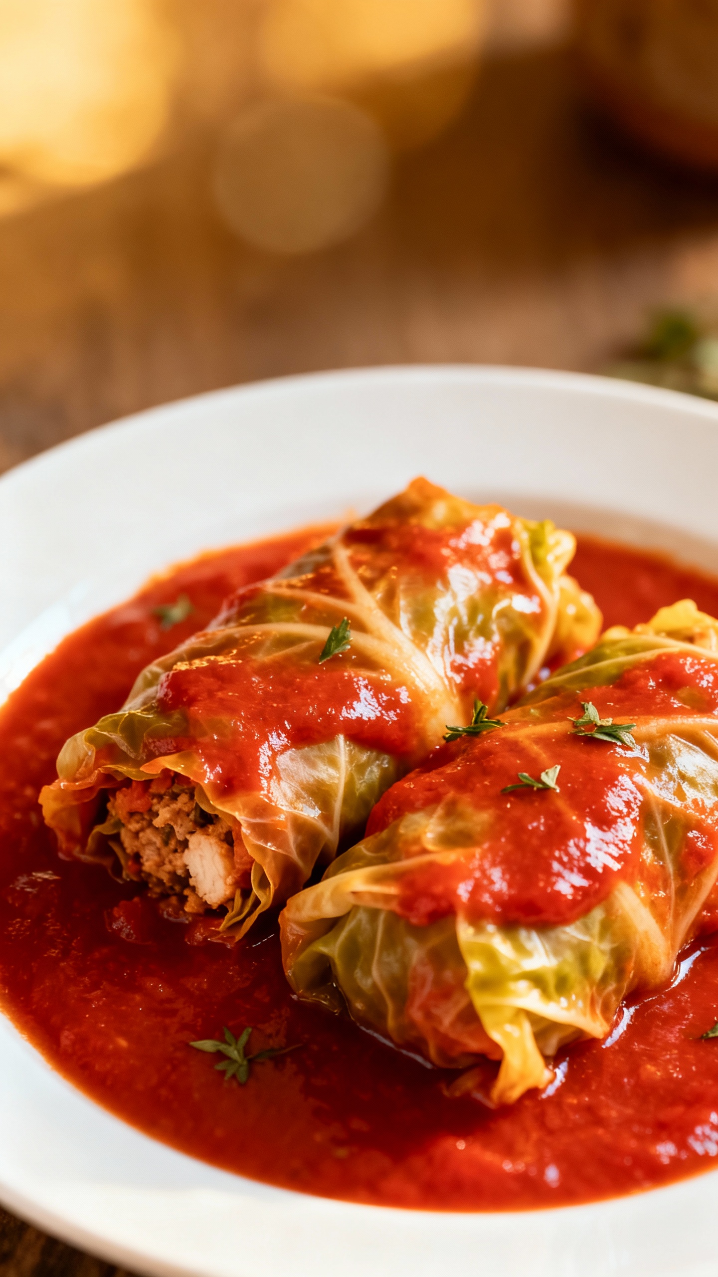 stuffed cabbage rolls in tomato sauce, white plate overhead