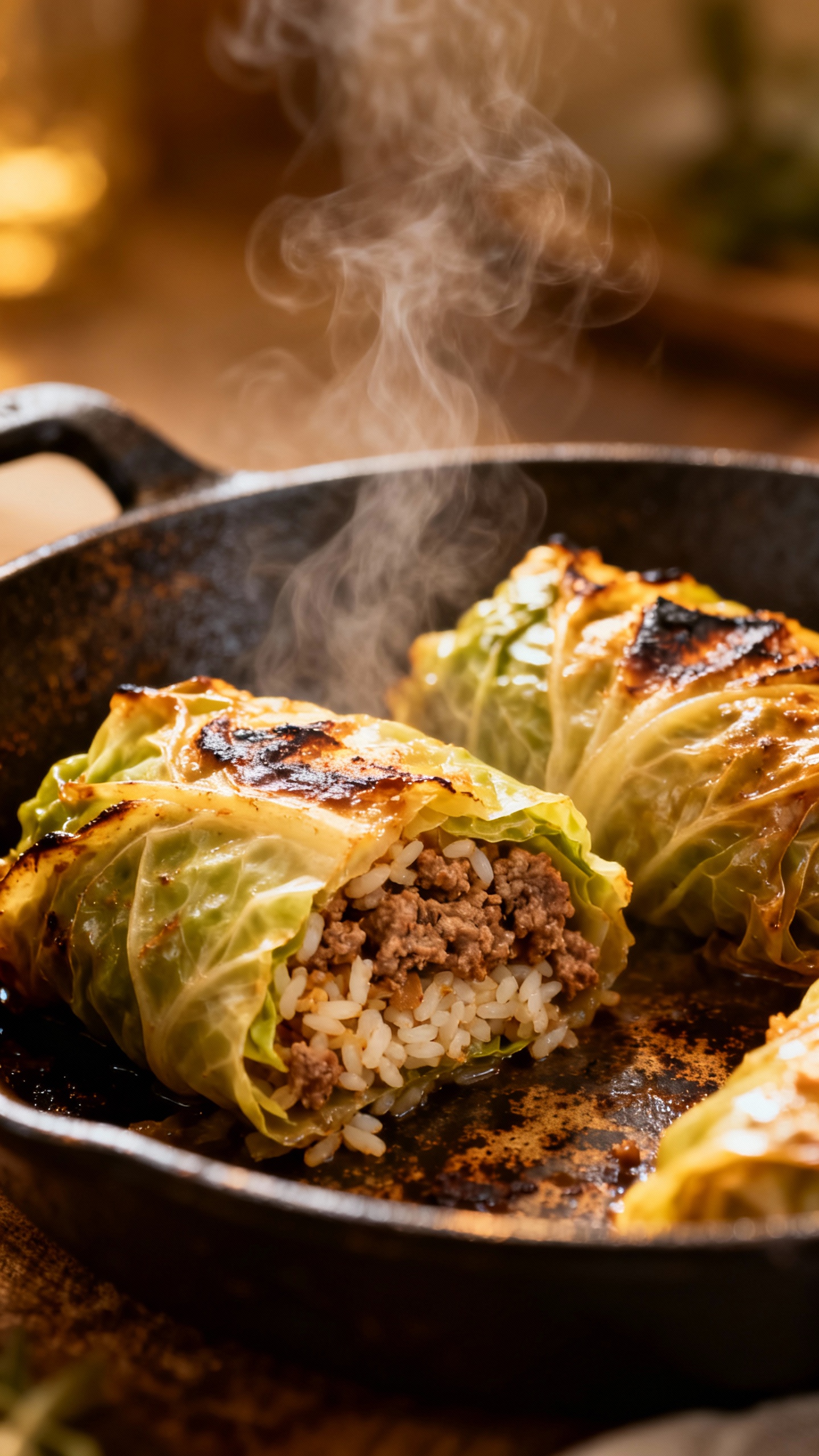 baked stuffed cabbage rolls in cast-iron skillet, steam rising