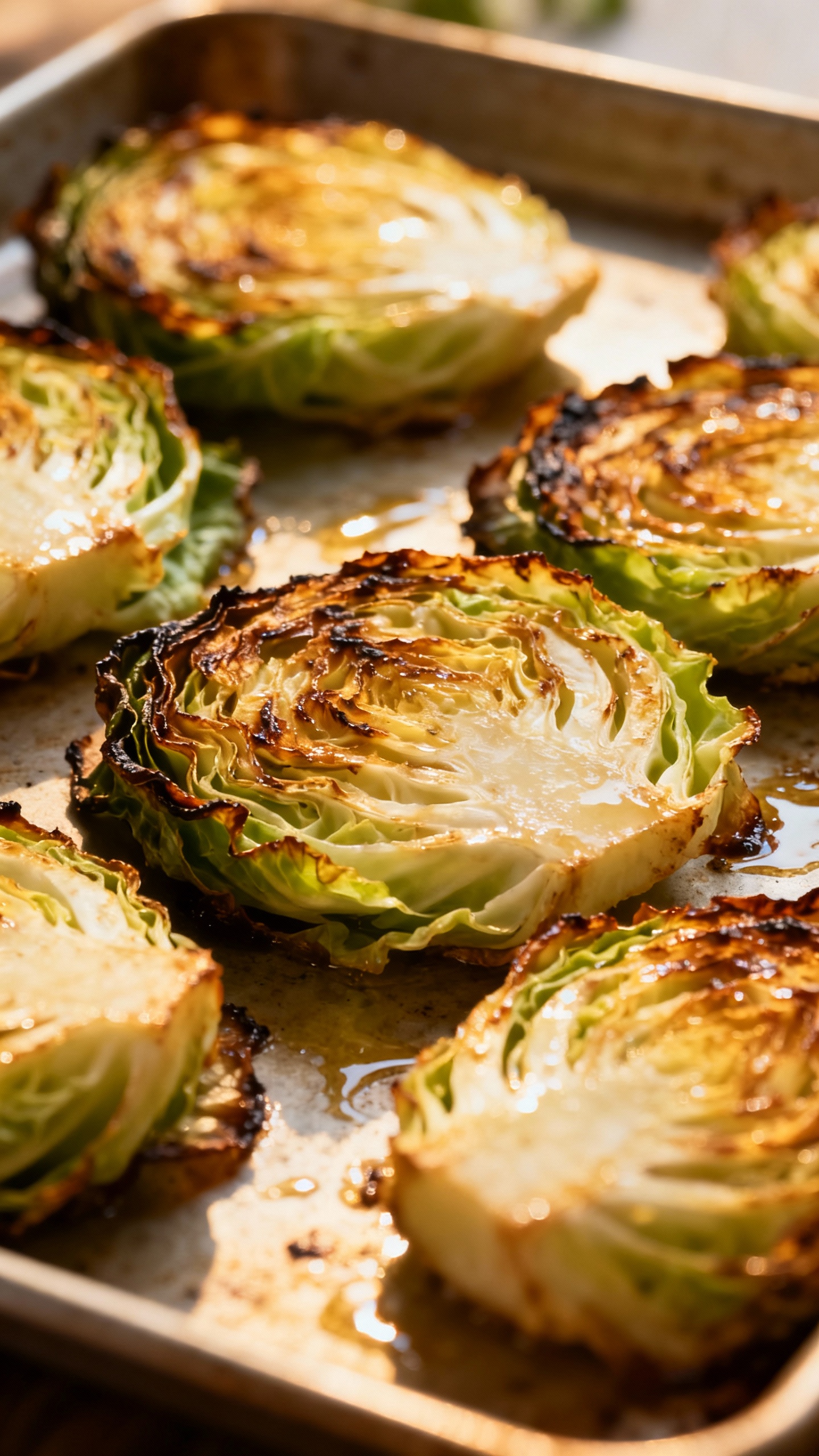 oven-roasted cabbage steaks on sheet pan, crispy edges
