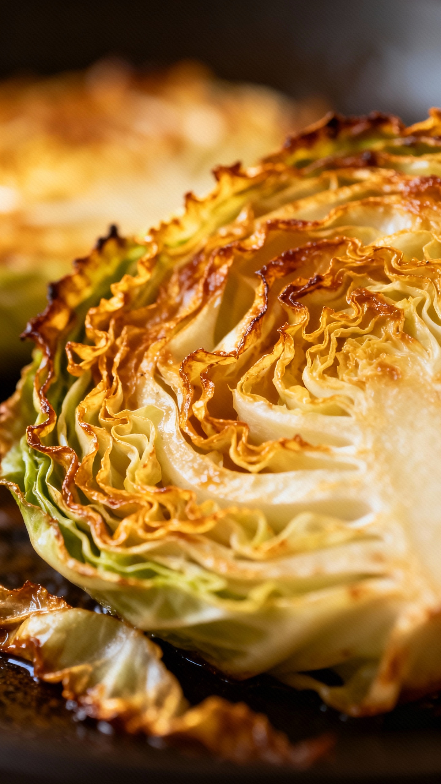 caramelized cabbage steaks close-up, golden frilly edges